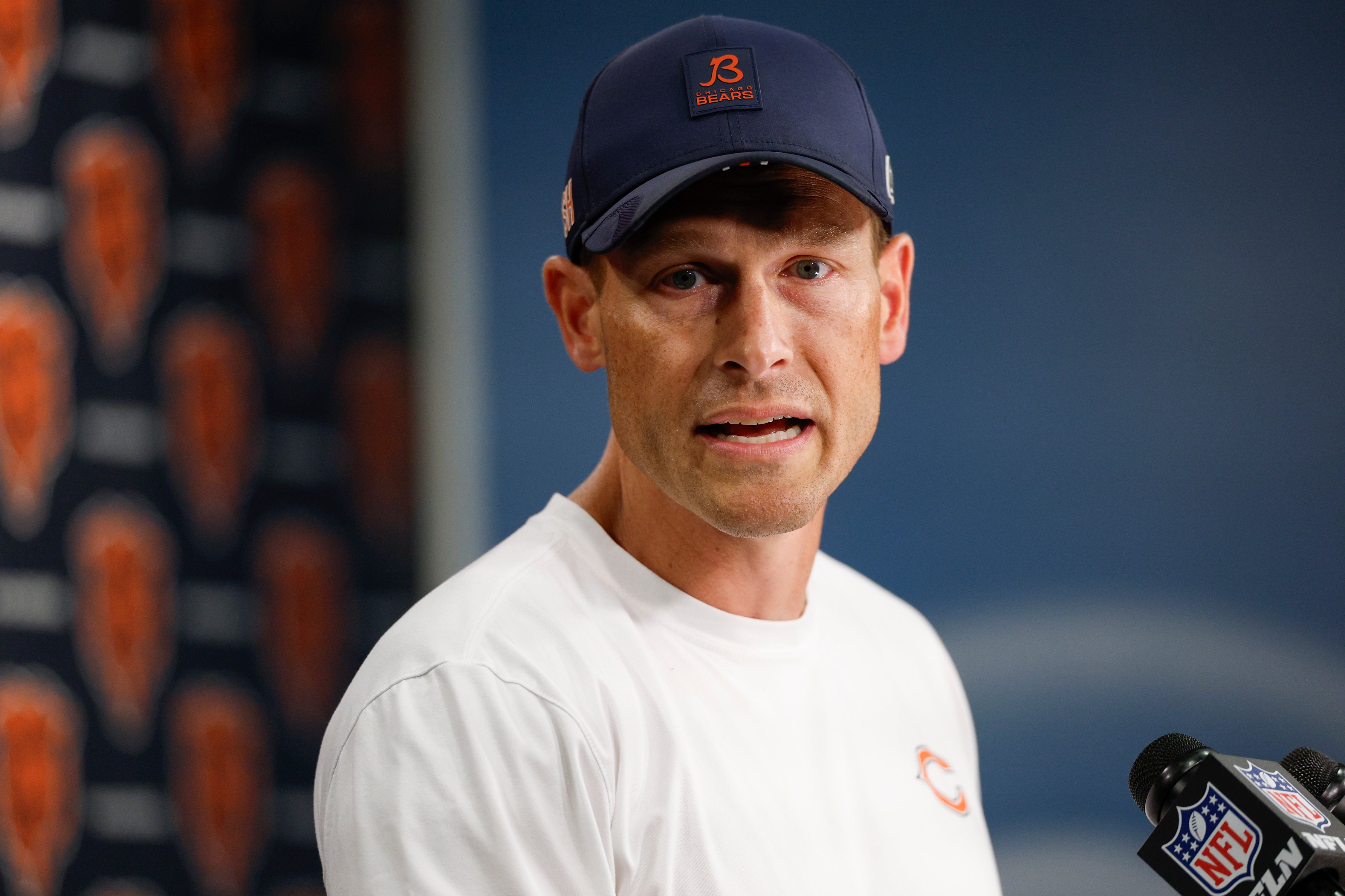 Aug 8, 2025; Lake Forest, IL, USA; Chicago Bears head coach Ben Johnson speaks before joint training camp practice with the Miami Dolphins ahead of Sunday's preseason opener.