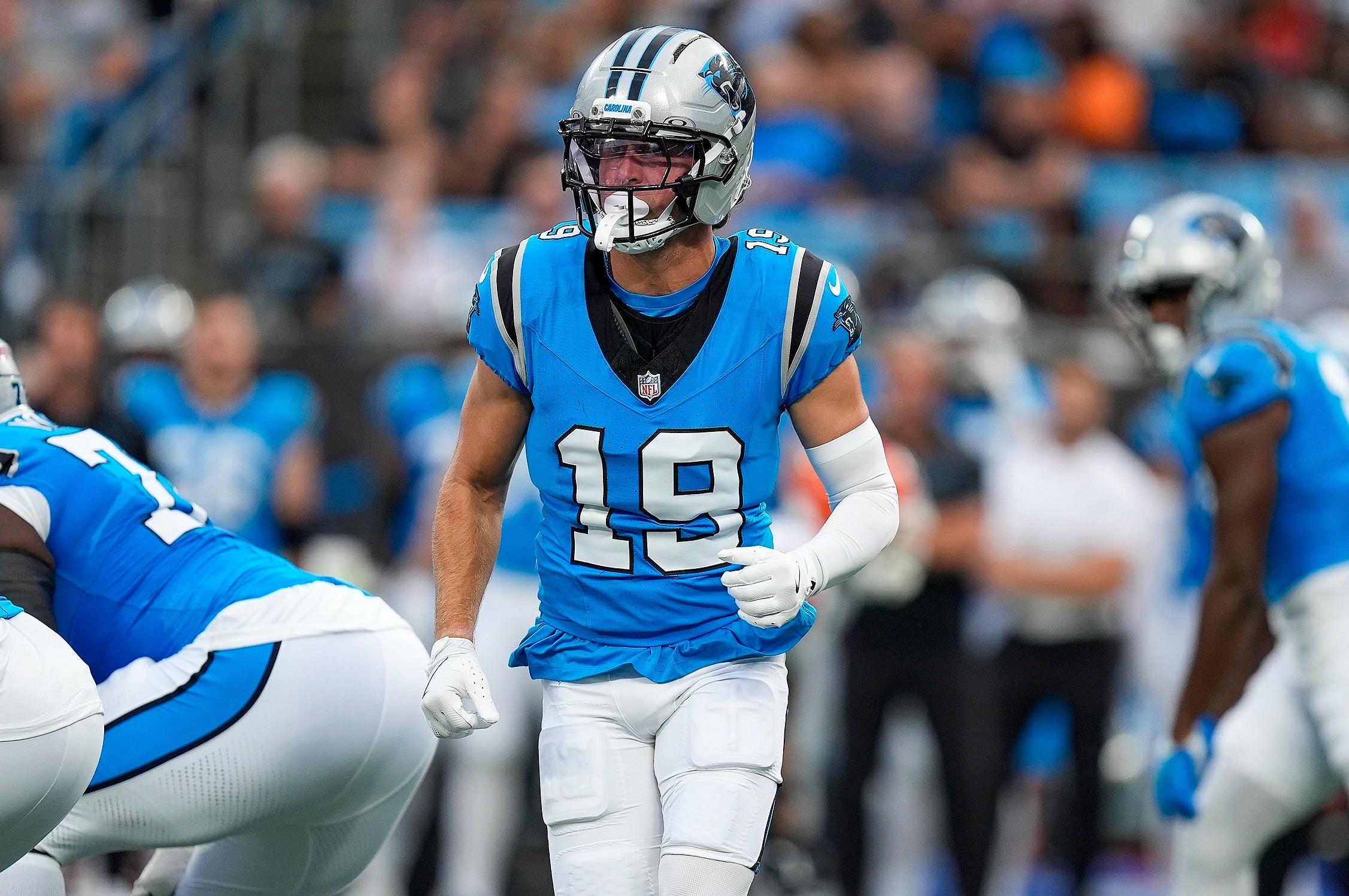 Aug 8, 2025; Charlotte, North Carolina, USA; Carolina Panthers wide receiver Adam Thielen (19) goes in motion against the Cleveland Browns during the first quarter at Bank of America Stadium.