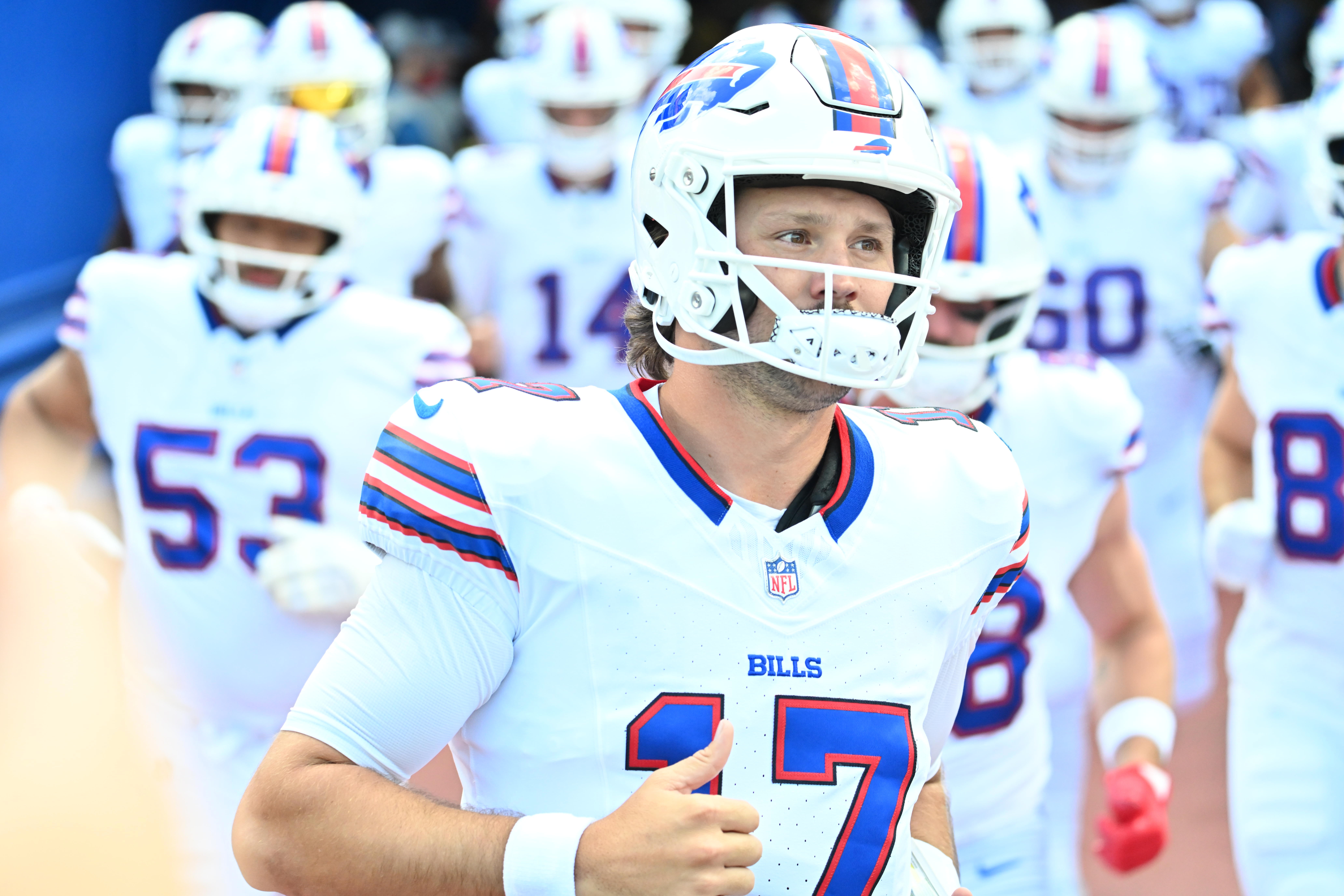 Buffalo Bills QB Josh Allen leads the Buffalo Bills out of the tunnel for their preseason matchup against the New York Giants