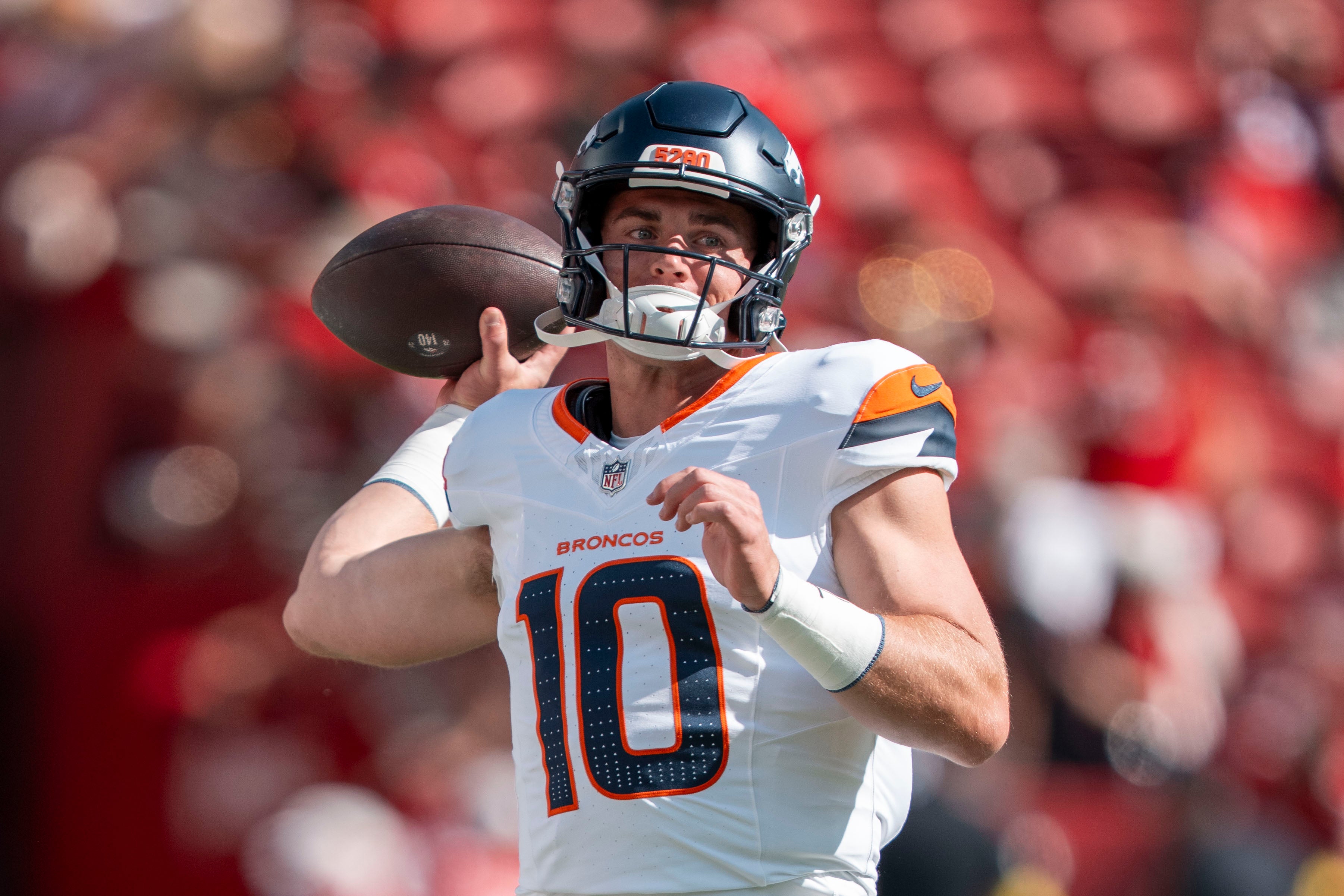 Bo Nix throws a pass during a preseason matchup against the San Francisco 49ers