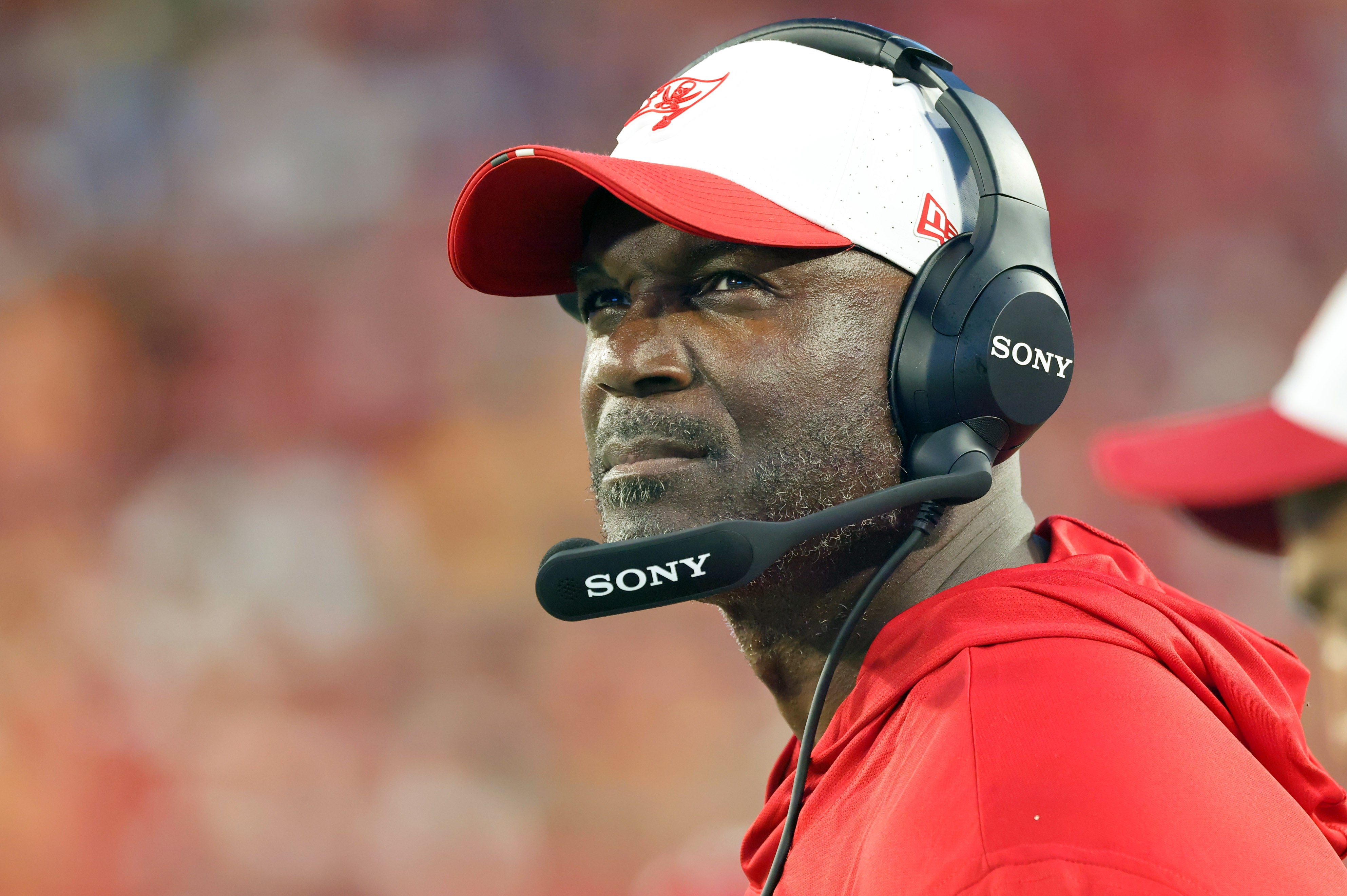 Aug 9, 2025; Tampa, Florida, USA; Tampa Bay Buccaneers head coach Todd Bowles looks on against the Tennessee Titans during the first half at Raymond James Stadium.