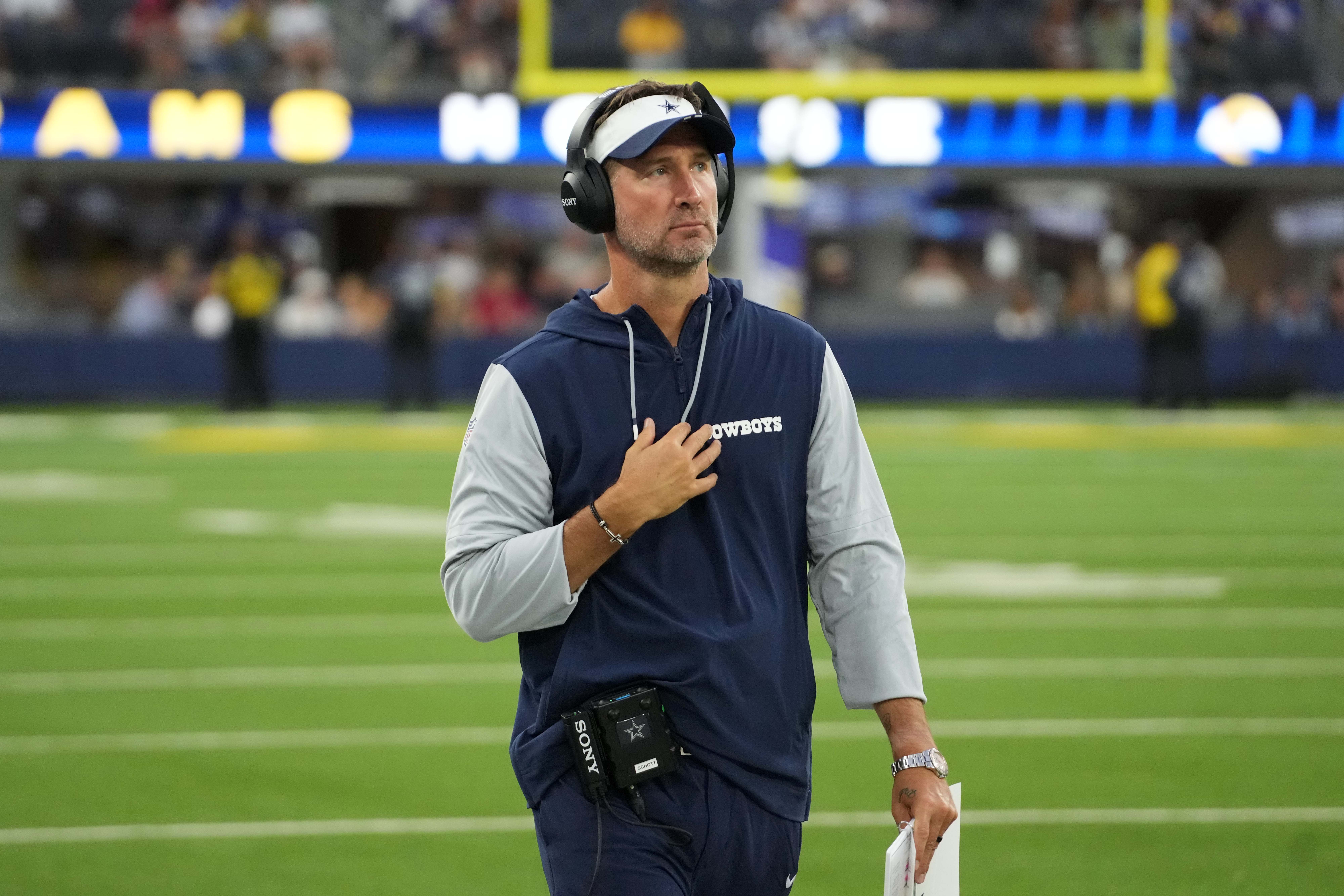 Dallas Cowboys coach Brian Schottenheimer watches from the sidelines in the fourth quarter against the Los Angeles Rams at SoFi Stadium.