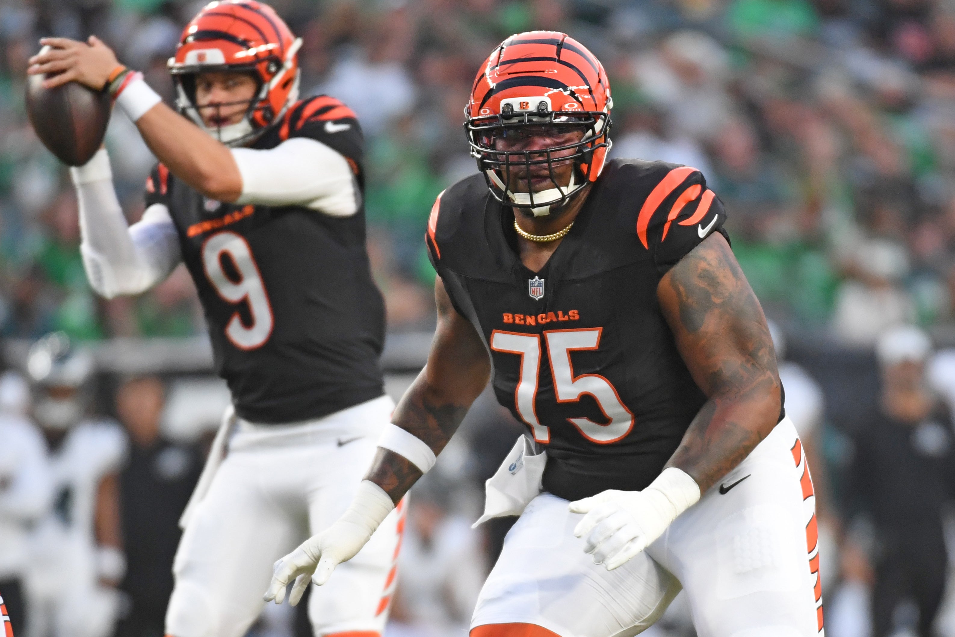 Aug 7, 2025; Philadelphia, Pennsylvania, USA; Cincinnati Bengals offensive tackle Orlando Brown Jr. (75) against the Philadelphia Eagles at Lincoln Financial Field.