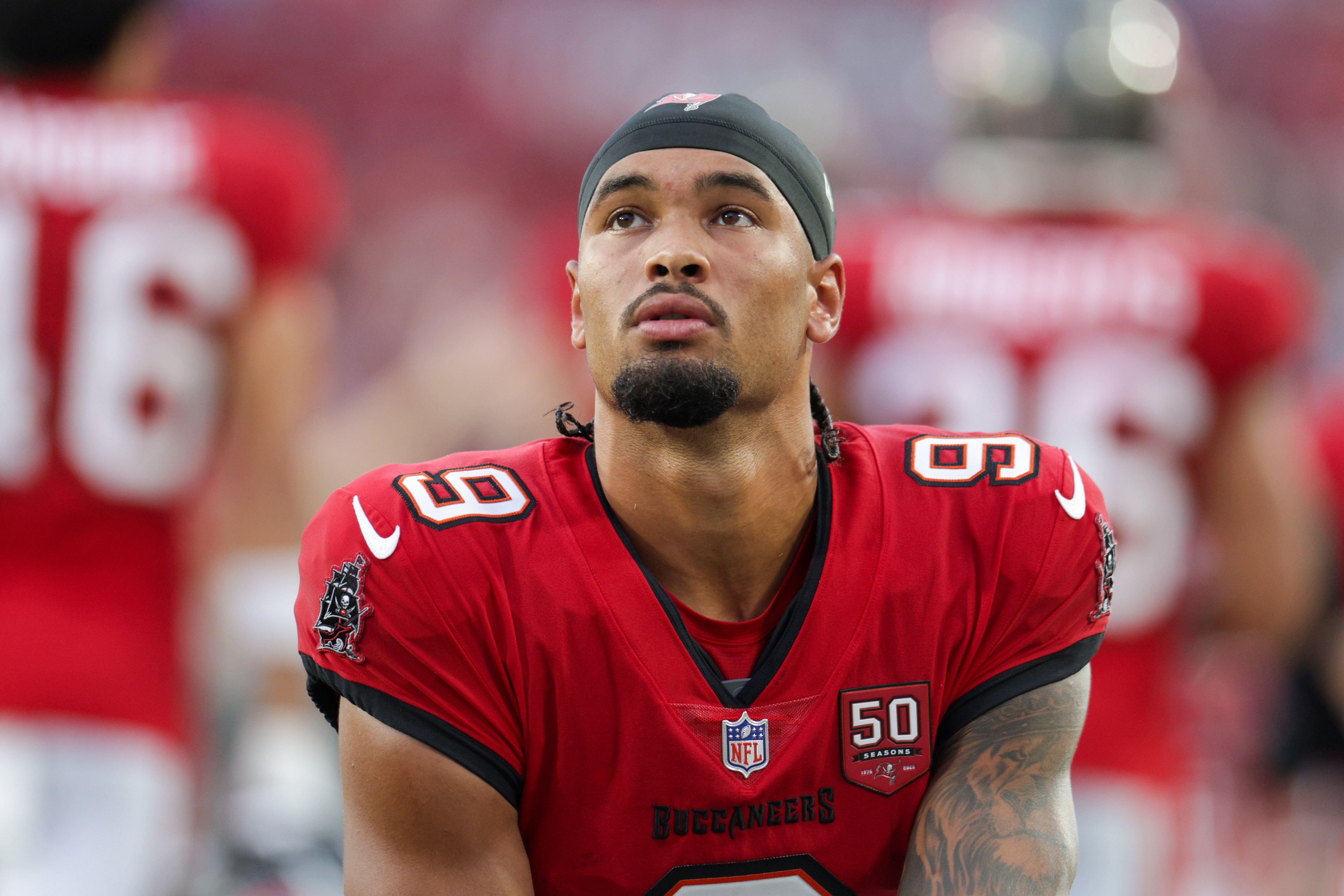Aug 9, 2025; Tampa, Florida, USA; Tampa Bay Buccaneers wide receiver Emeka Egbuka (9) looks on before a preseason game against the Tennessee Titans at Raymond James Stadium.