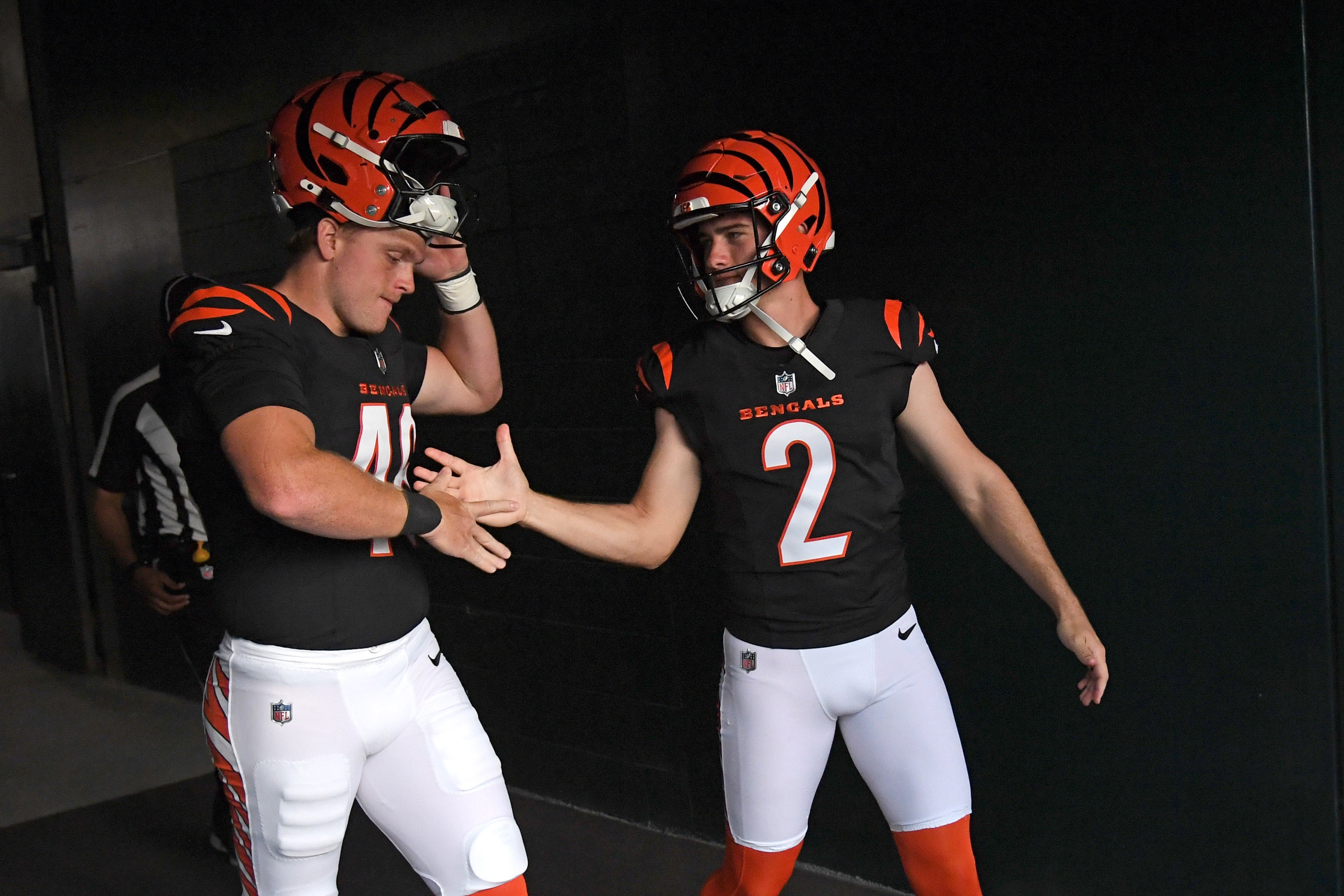Aug 7, 2025; Philadelphia, Pennsylvania, USA; Cincinnati Bengals long snapper William Wagner (46) and place kicker Evan McPherson (2) in the tunnel against the Philadelphia Eagles at Lincoln Financial Field.