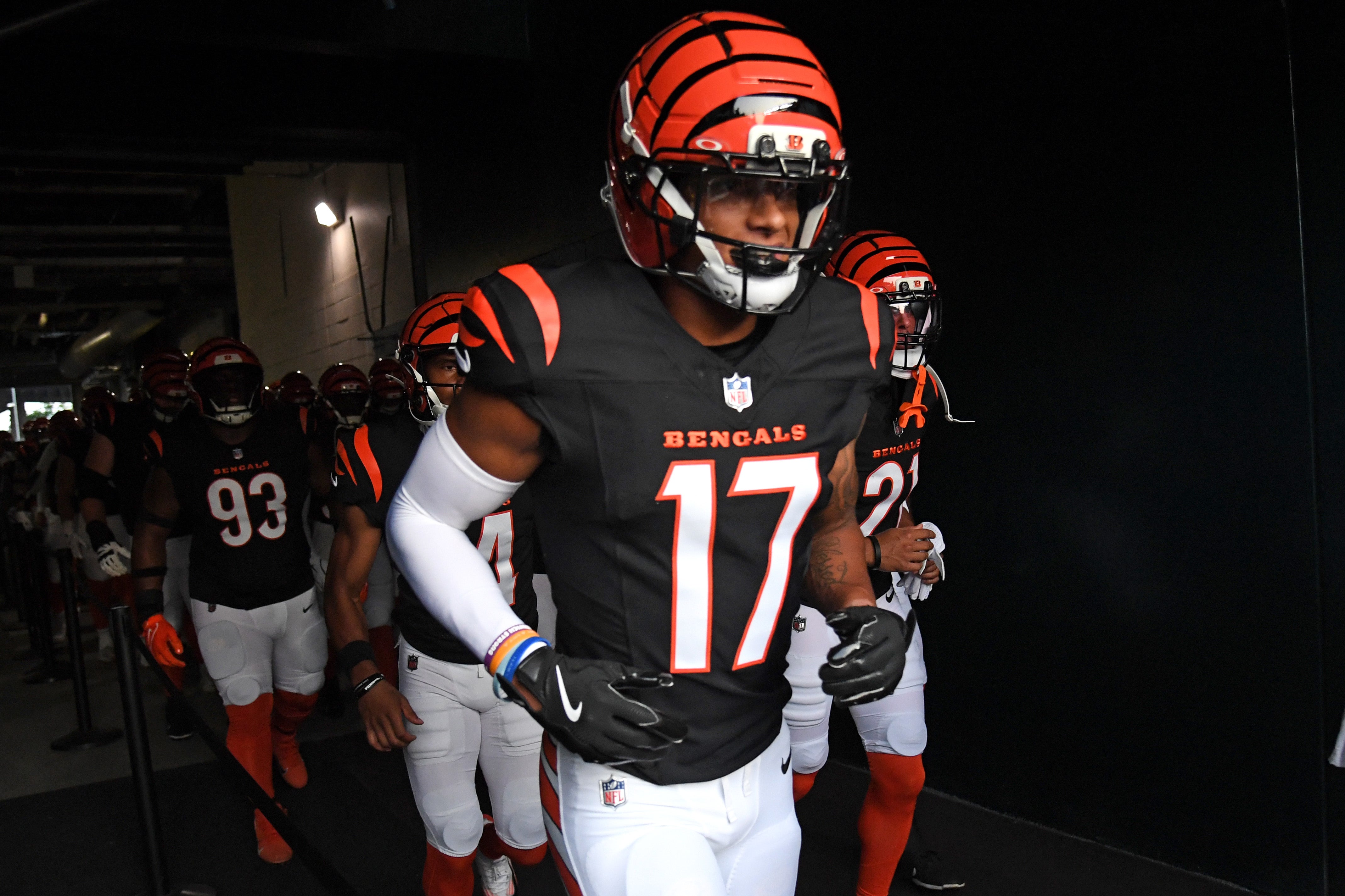 Aug 7, 2025; Philadelphia, Pennsylvania, USA; Cincinnati Bengals wide receiver Cole Burgess (17) in the tunnel against the Philadelphia Eagles at Lincoln Financial Field.