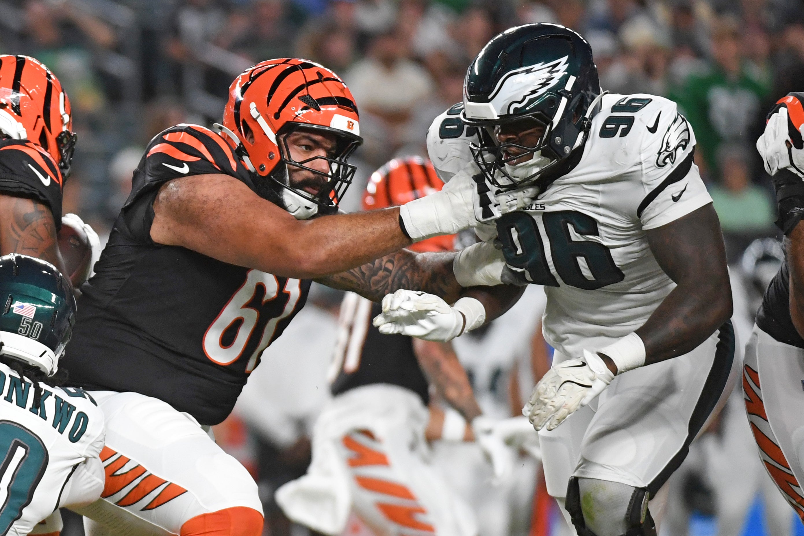 Cincinnati Bengals guard Cody Ford (61) blocks Philadelphia Eagles defensive tackle Gabe Hall (96) at Lincoln Financial Field. Eric Hartline-Imagn Images