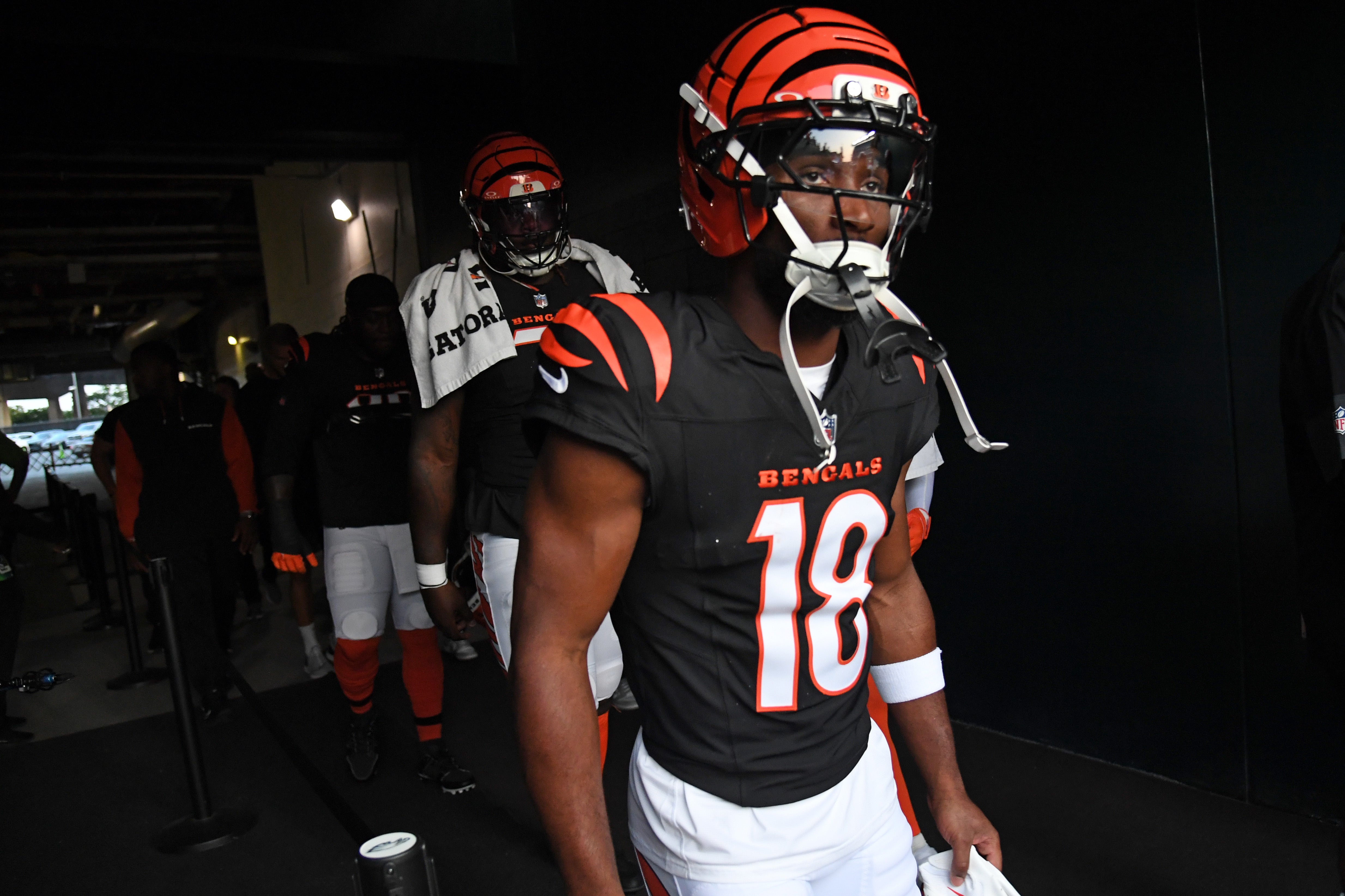 Aug 7, 2025; Philadelphia, Pennsylvania, USA; Cincinnati Bengals wide receiver Isaiah Williams (18) in the tunnel against the Philadelphia Eagles at Lincoln Financial Field.