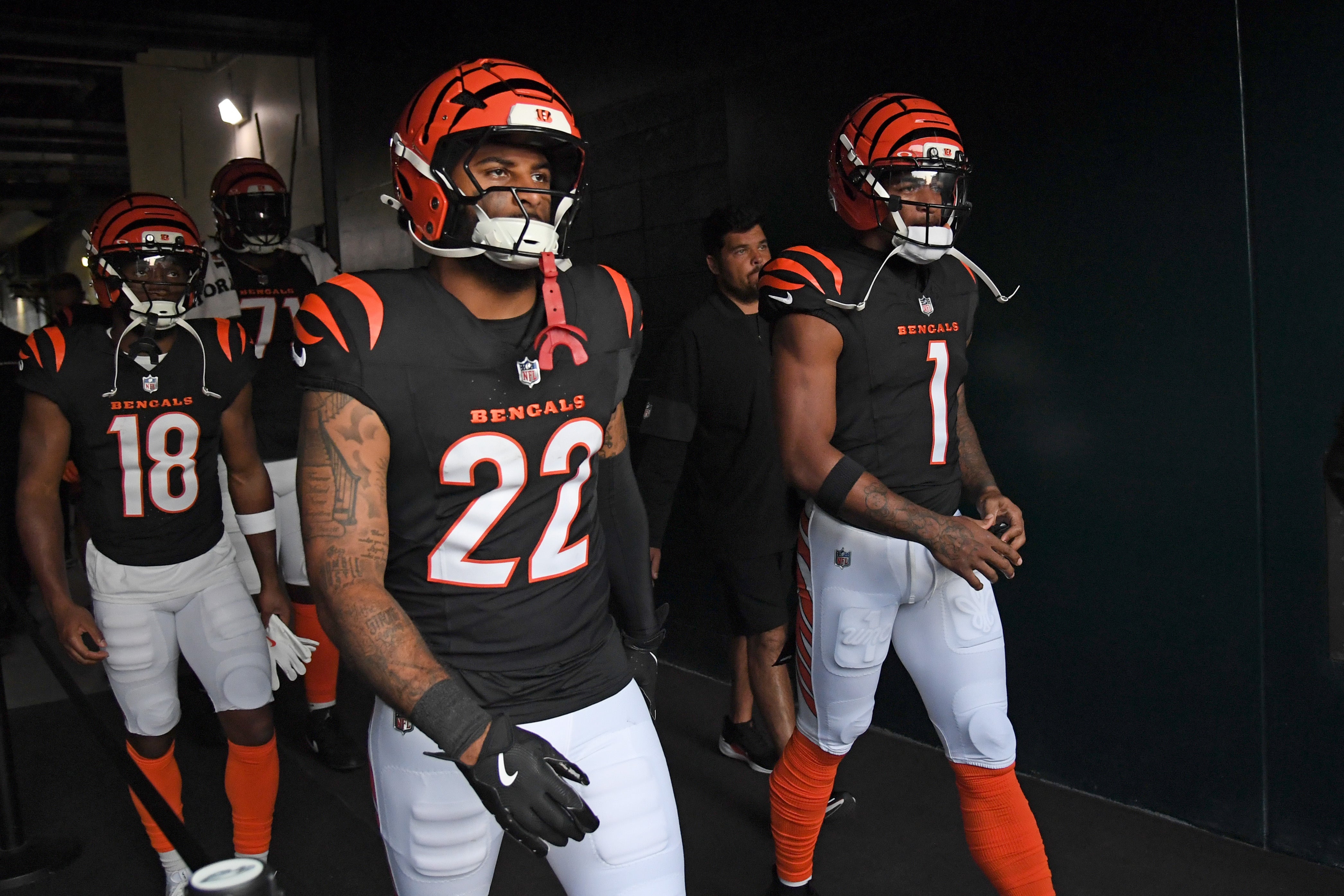 Aug 7, 2025; Philadelphia, Pennsylvania, USA;Cincinnati Bengals safety Geno Stone (22) and wide receiver Ja'Marr Chase (1) in the tunnel against the Philadelphia Eagles at Lincoln Financial Field.