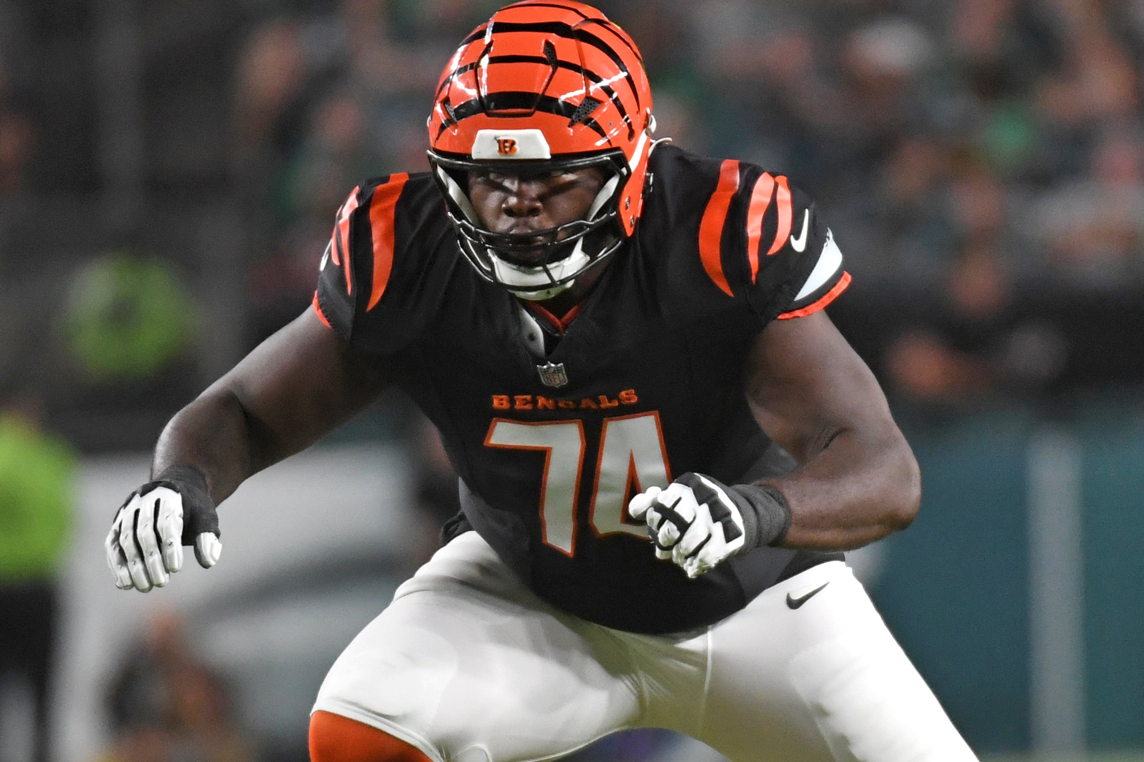 Aug 7, 2025; Philadelphia, Pennsylvania, USA; Cincinnati Bengals offensive tackle Jalen Rivers (74) blocks against the Philadelphia Eagles at Lincoln Financial Field.