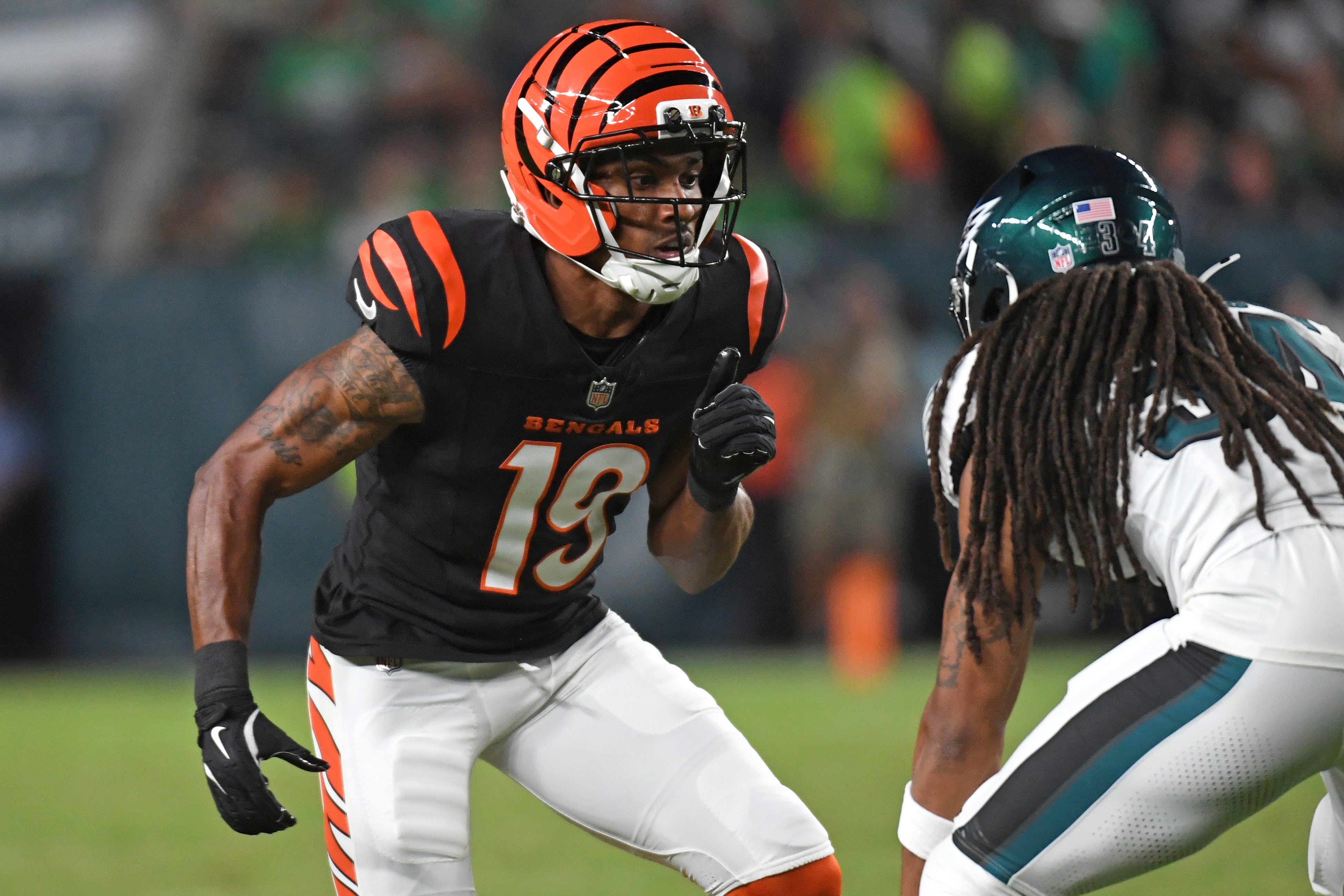 Aug 7, 2025; Philadelphia, Pennsylvania, USA; Cincinnati Bengals wide receiver Kendric Pryor (19) against the Philadelphia Eagles at Lincoln Financial Field.