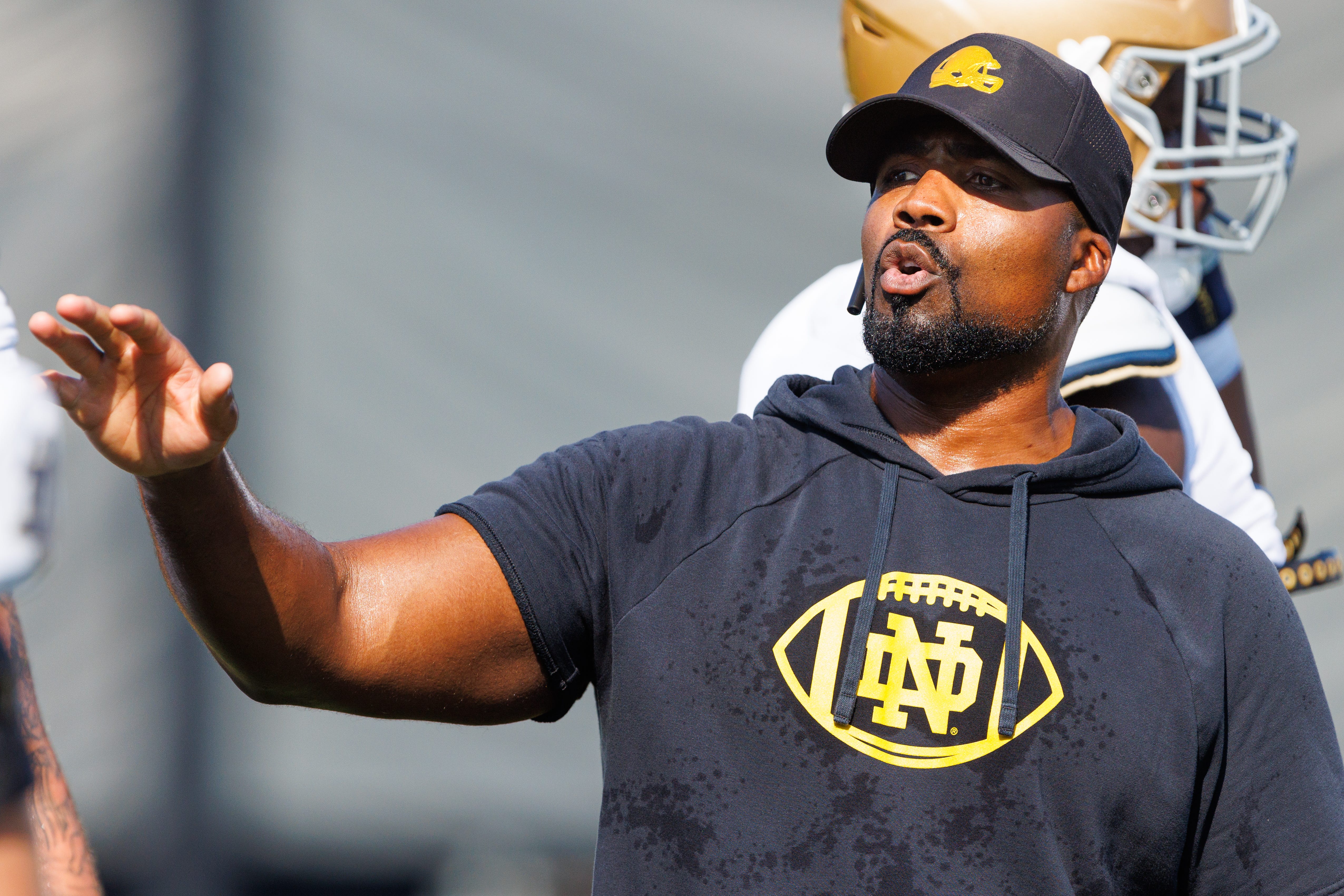 Notre Dame defensive line coach Al Washington during a football practice at Irish Athletic Center on Sunday, Aug. 10, 2025, in South Bend.