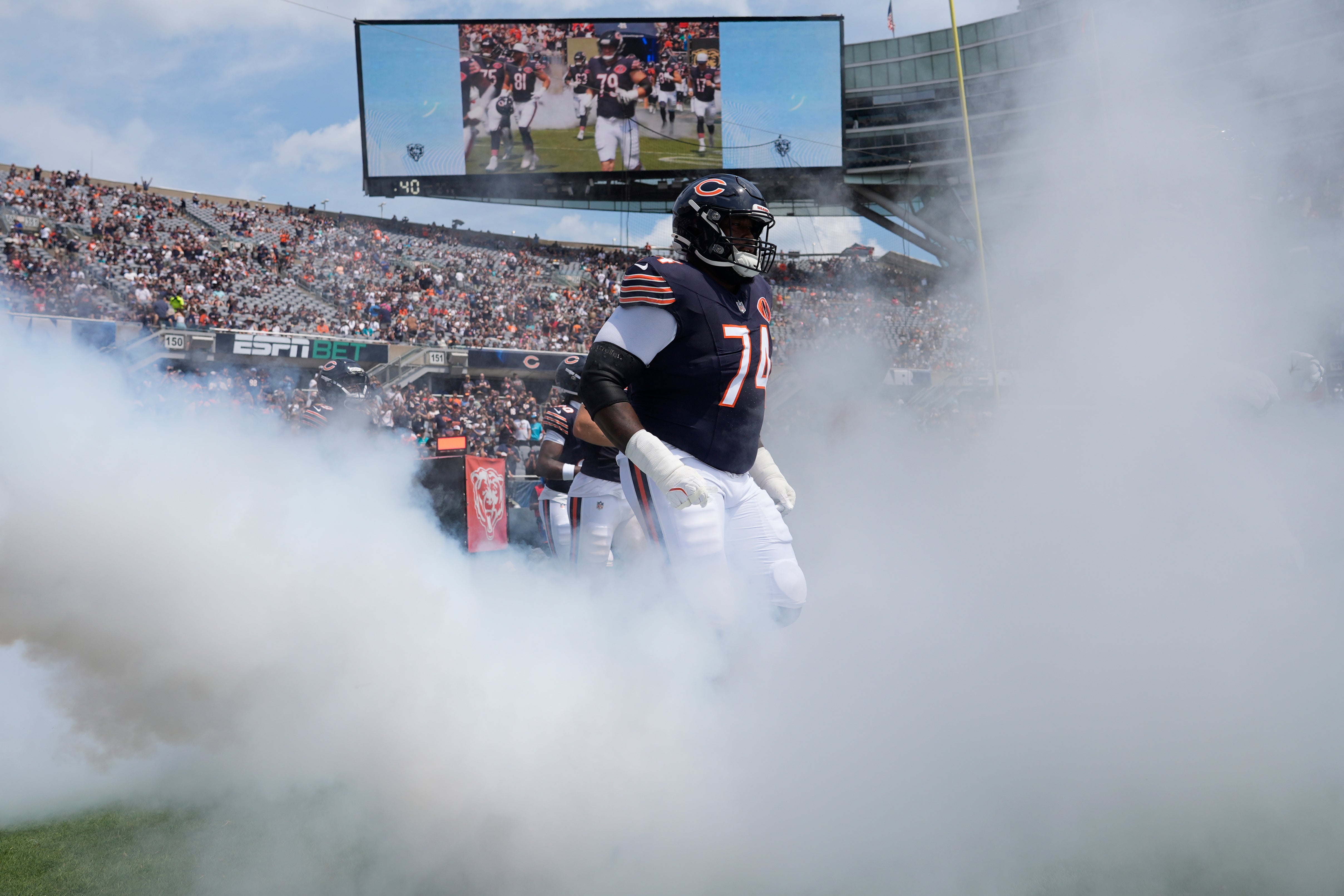 Aug 10, 2025; Chicago, Illinois, USA; Chicago Bears guard Jordan McFadden (74) takes the field against the Miami Dolphins at Soldier Field.