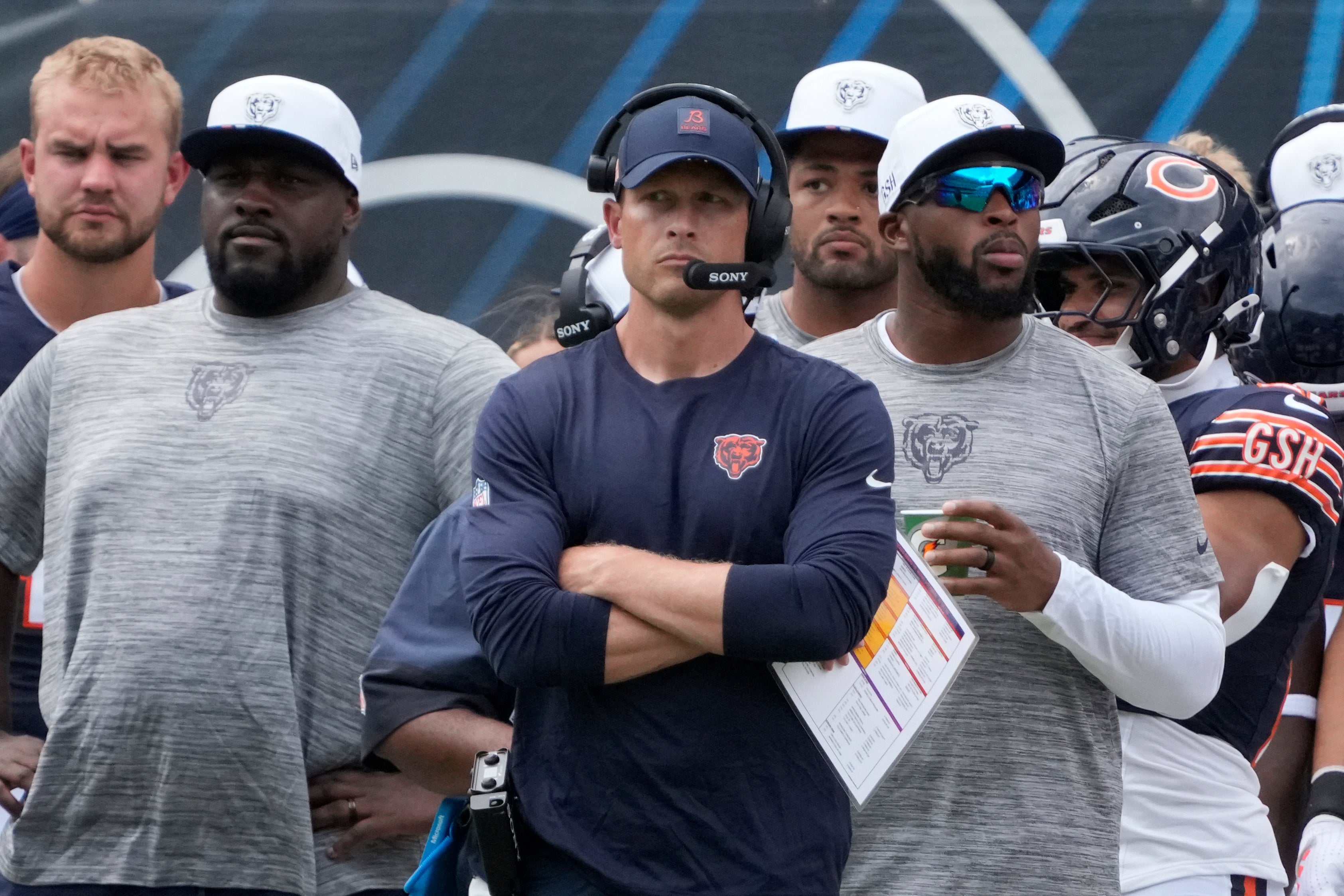 Aug 10, 2025; Chicago, Illinois, USA; Chicago Bears head coach Ben Johnson on the sidelines against the Miami Dolphins during the first half at Soldier Field.