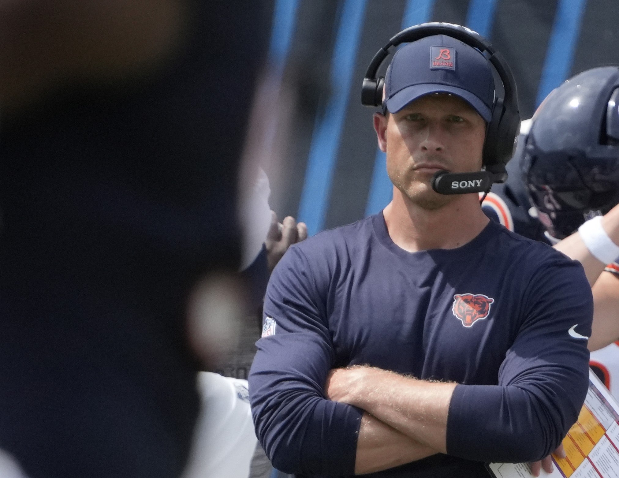 Aug 10, 2025; Chicago, Illinois, USA; Chicago Bears head coach Ben Johnson on the sidelines against the Miami Dolphins during the first half at Soldier Field.