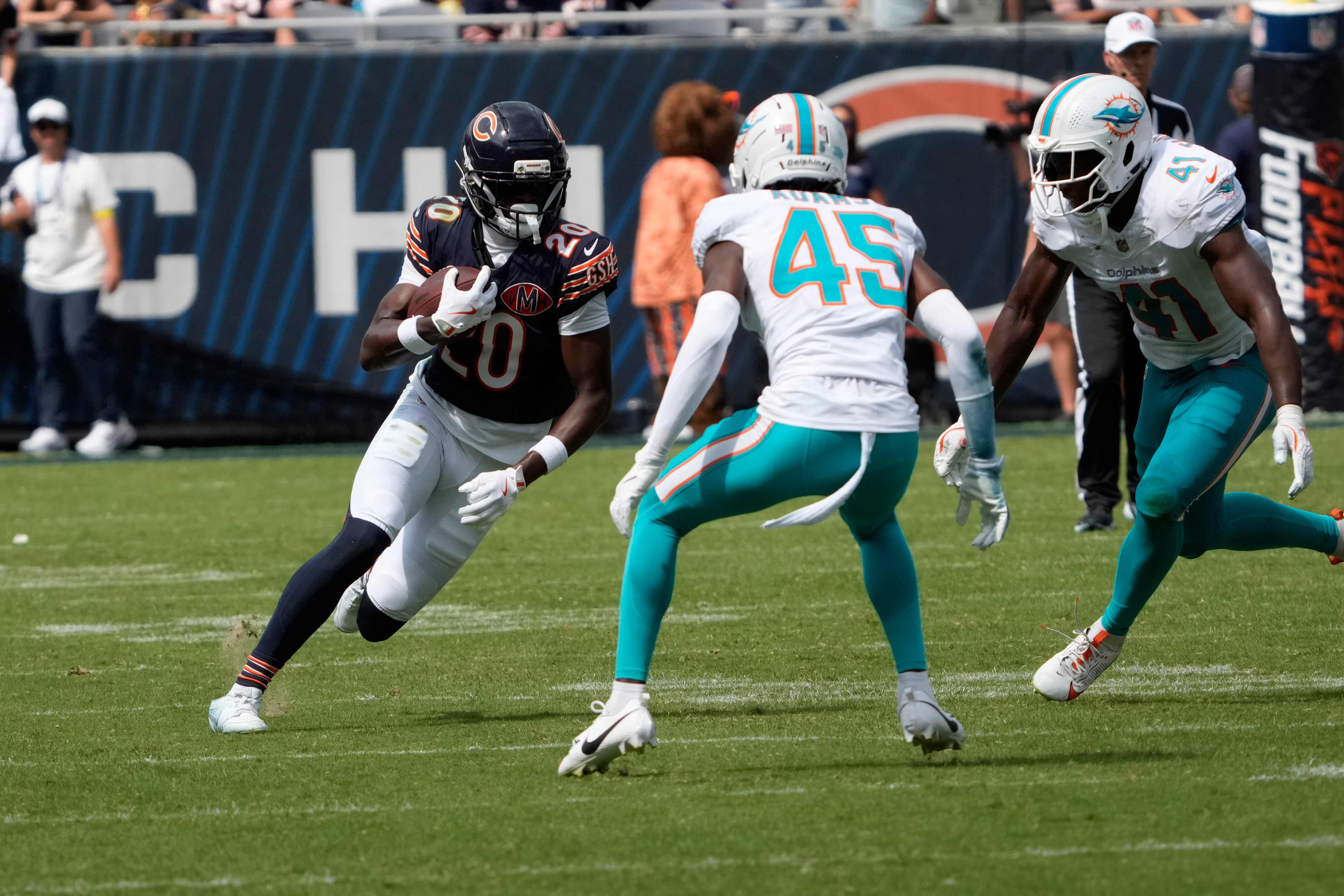 Aug 10, 2025; Chicago, Illinois, USA; Miami Dolphins cornerback BJ Adams (45) defends Chicago Bears wide receiver Jahdae Walker (20) during the second half at Soldier Field.