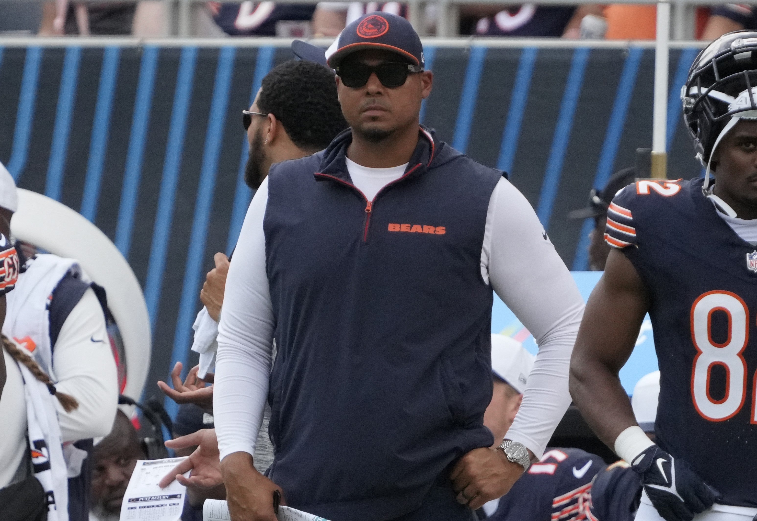 Aug 10, 2025; Chicago, Illinois, USA; Chicago Bears general manager Ryan Poles on the sidelines during the second half against the Miami Dolphins at Soldier Field.