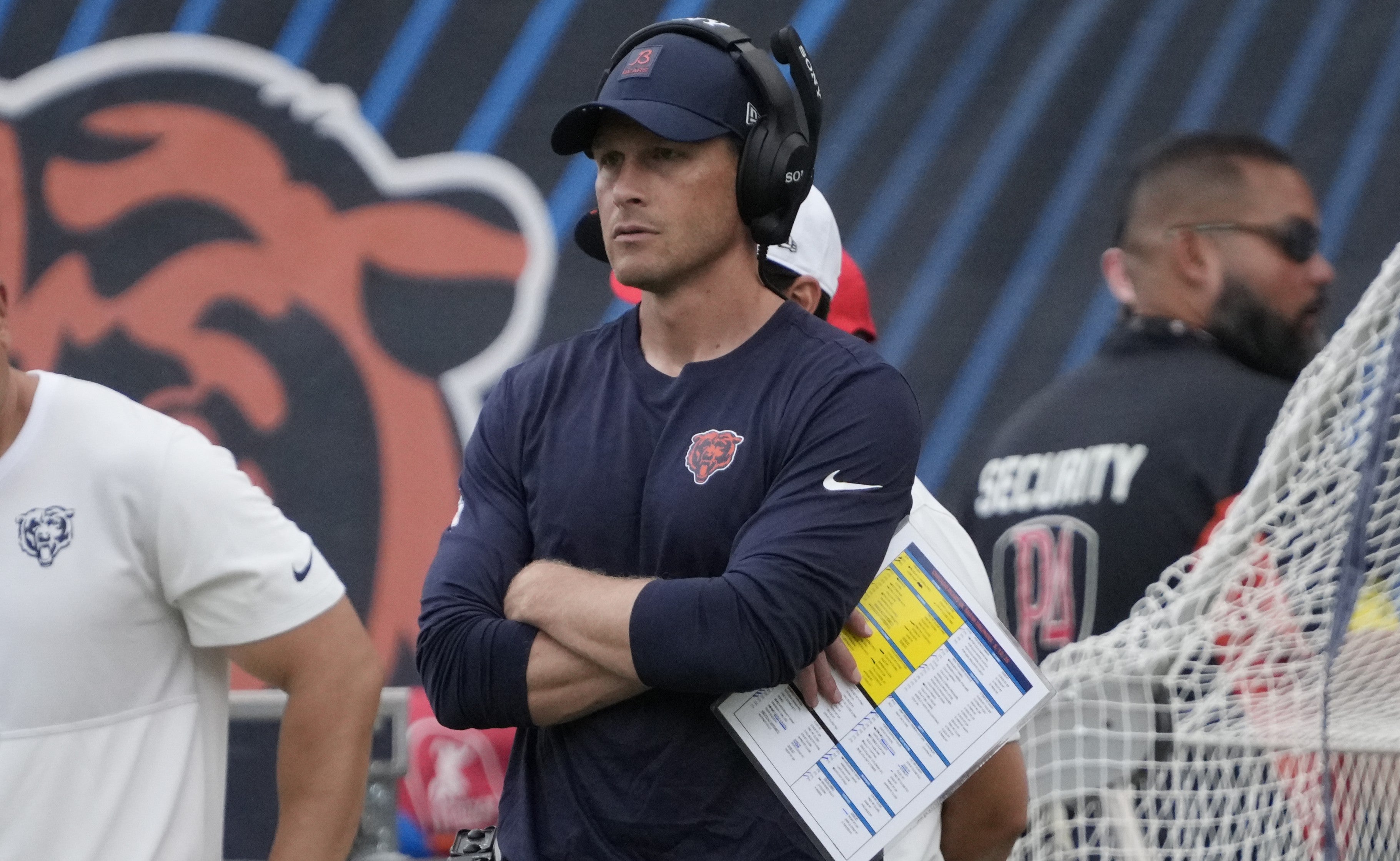 Aug 10, 2025; Chicago, Illinois, USA; Chicago Bears head coach Ben Johnson on the sidelines against the Miami Dolphins during the second half at Soldier Field.