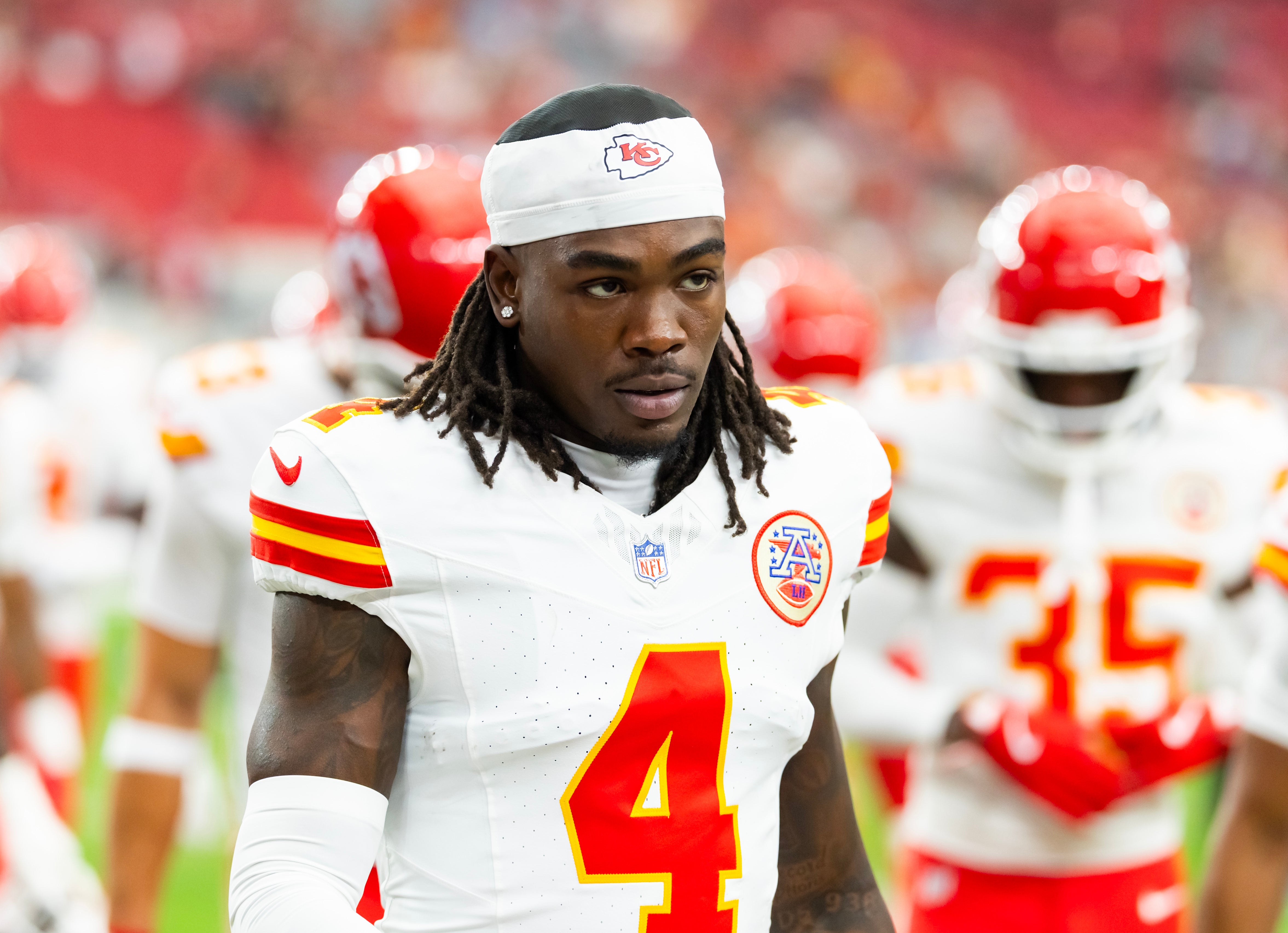 Kansas City Chiefs wide receiver Rashee Rice (4) against the Arizona Cardinals during a preseason NFL game at State Farm Stadium.