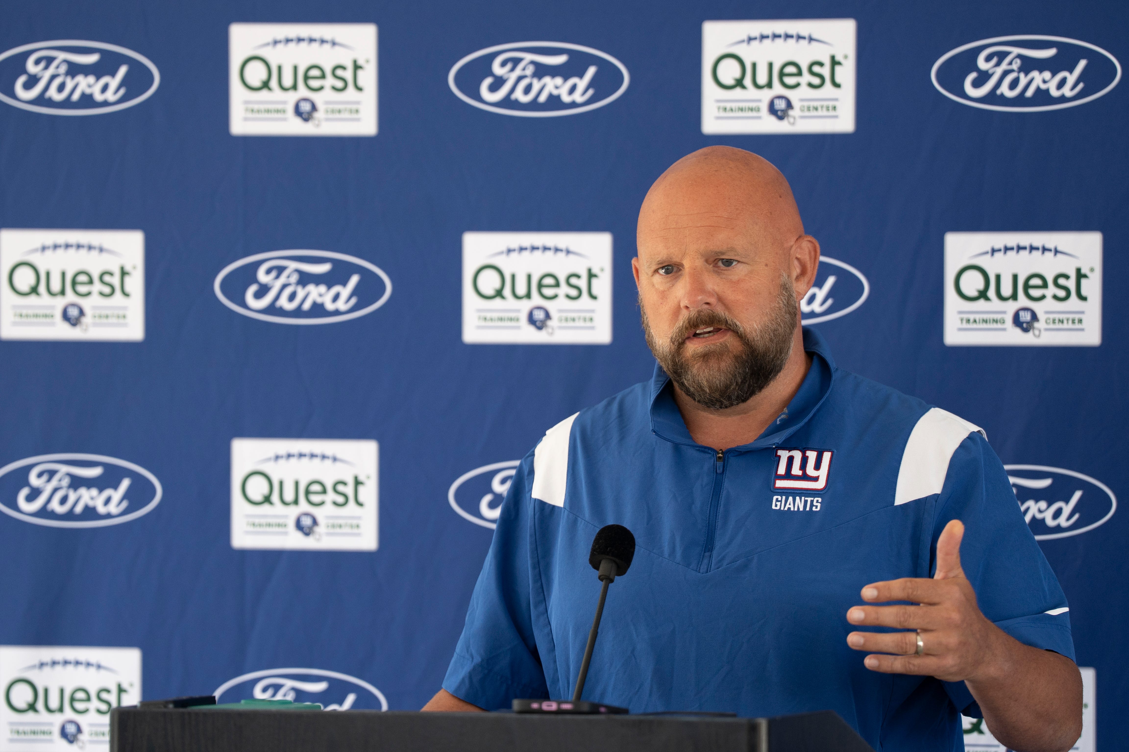 Aug 12, 2025; Florham Park, NJ, USA; at Atlantic Health Jets Training Center. The Giants and Jets participate in a joint practice at the Jets' training facility in Florham Park. New York Giants head coach Brian Daboll.