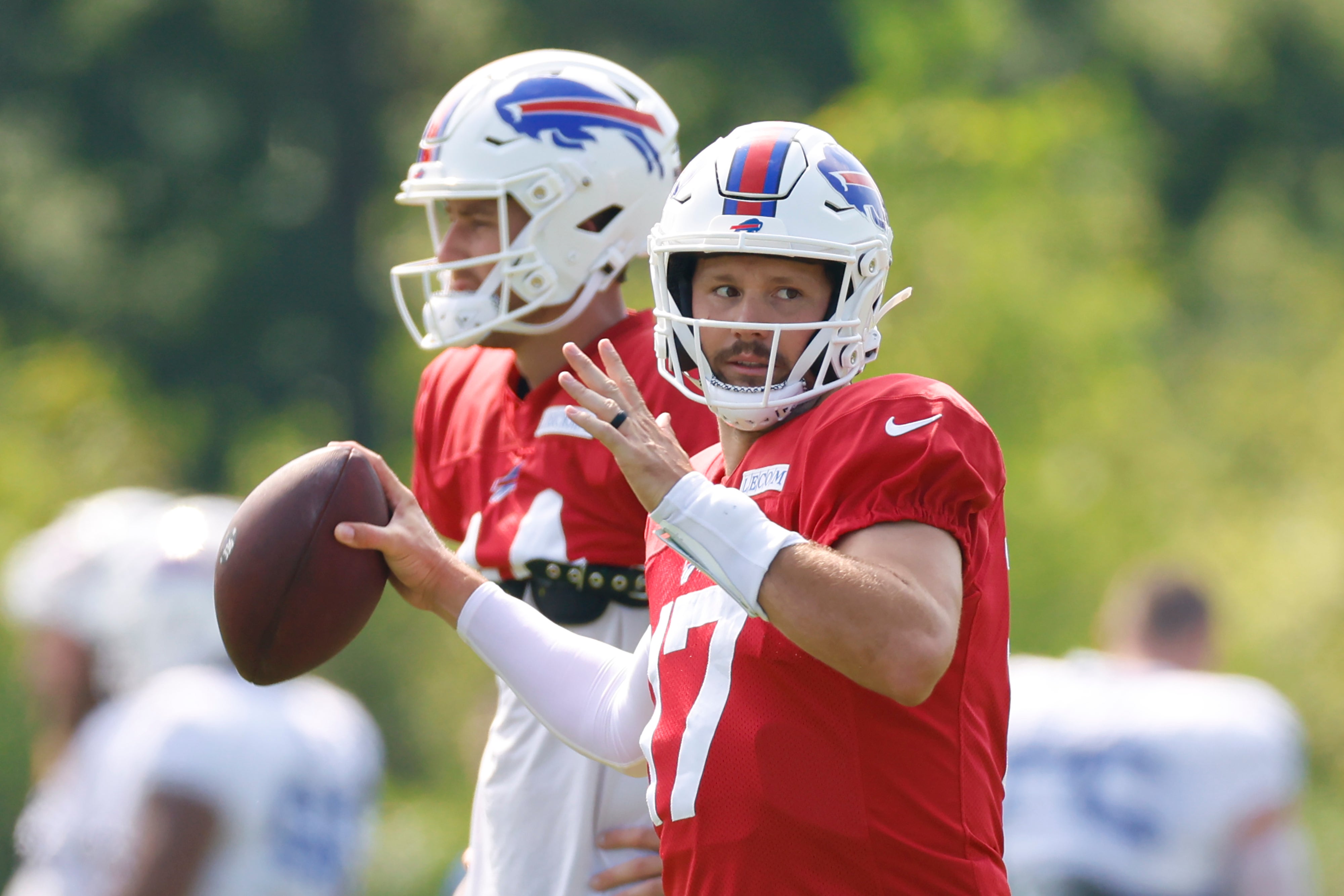 Buffalo Bills QB Josh Allen participates in a drill during joint practice with the Chicago Bears