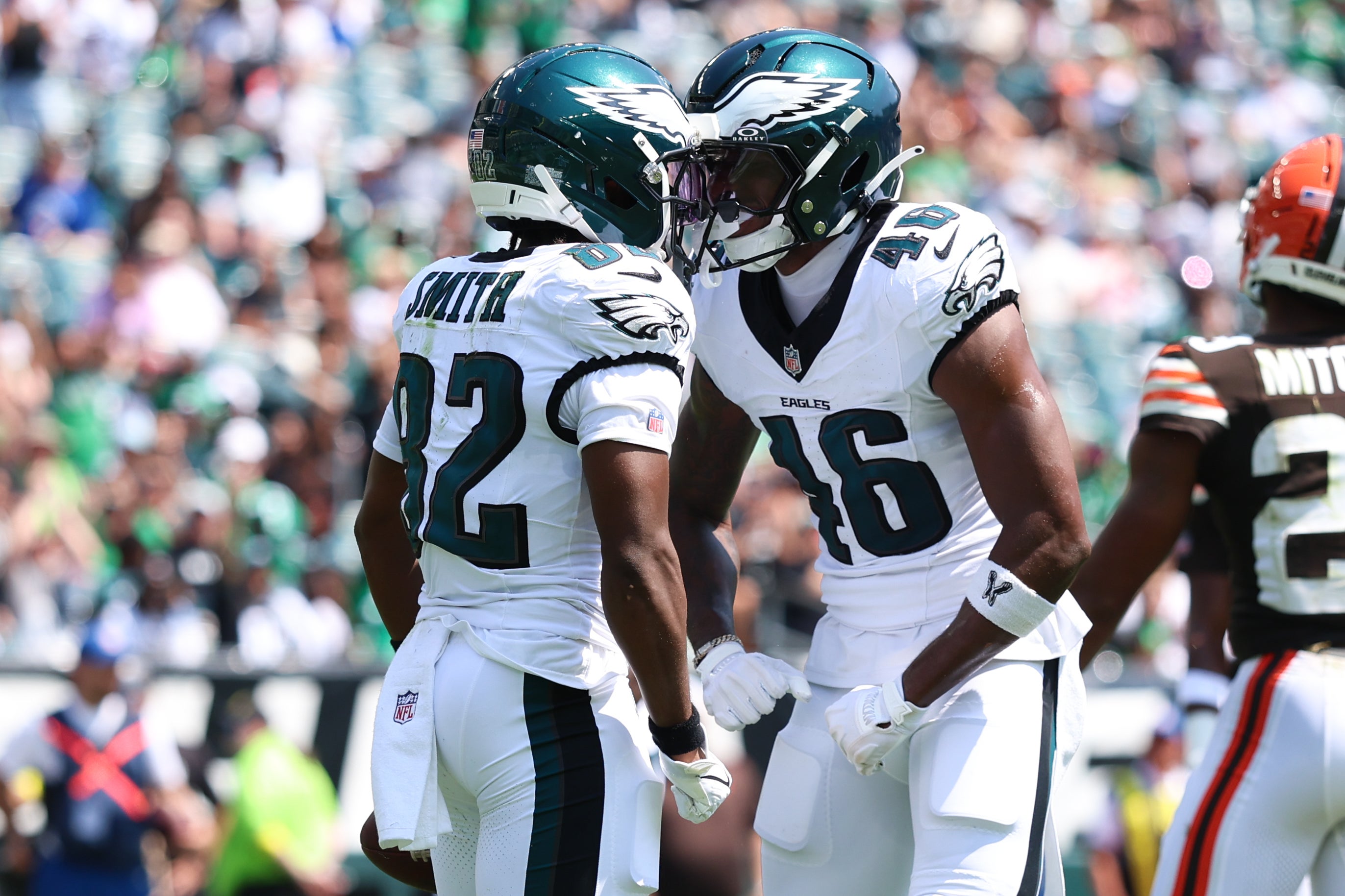 Philadelphia Eagles wide receiver Ainias Smith (82) celebrates with wide receiver Terrace Marshall Jr. (46) after a touchdown catch against the Cleveland Browns during the second quarter at Lincoln Fi...