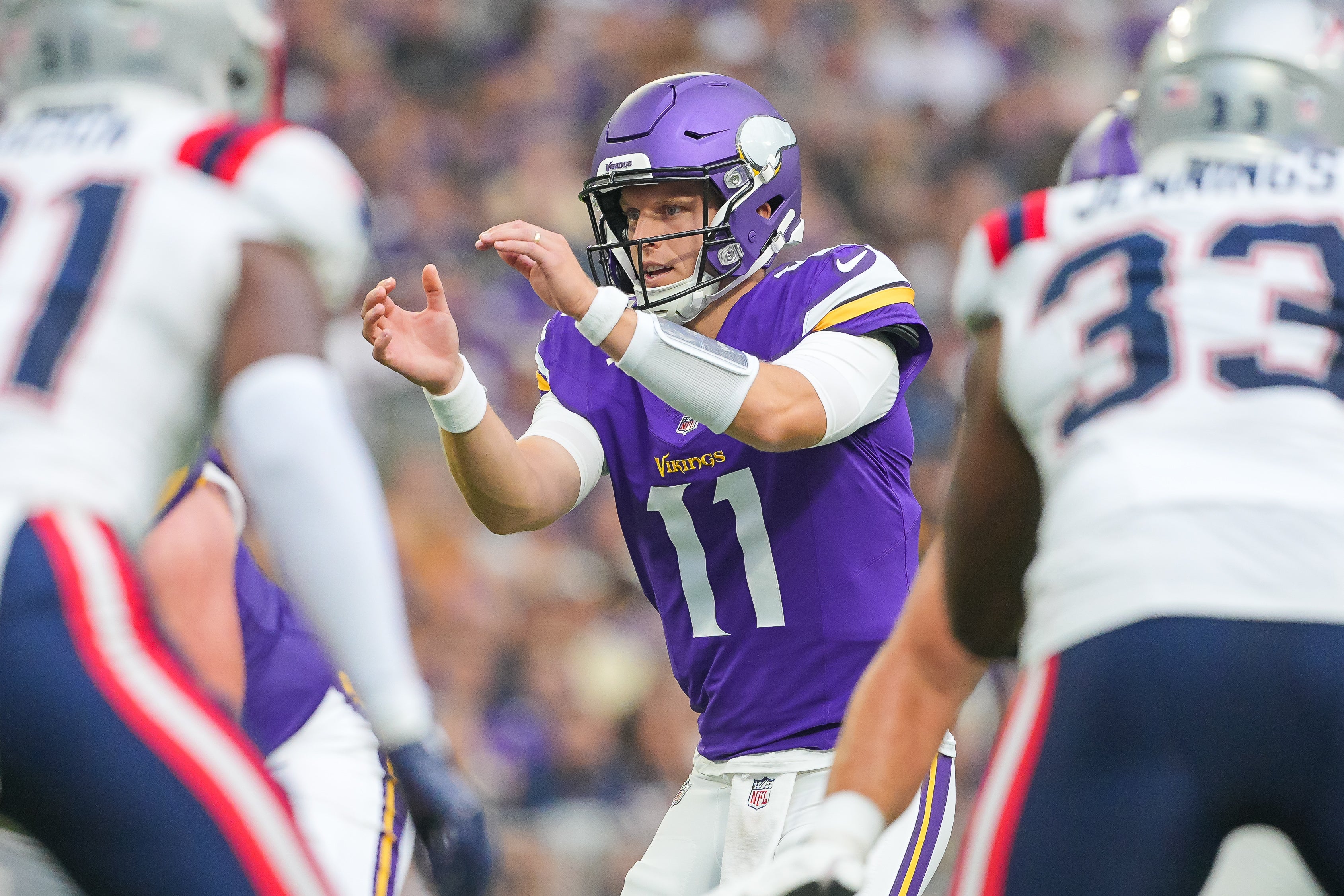 Aug 16, 2025; Minneapolis, Minnesota, USA; Minnesota Vikings quarterback Brett Rypien (11) against the New England Patriots in the second quarter at U.S. Bank Stadium.