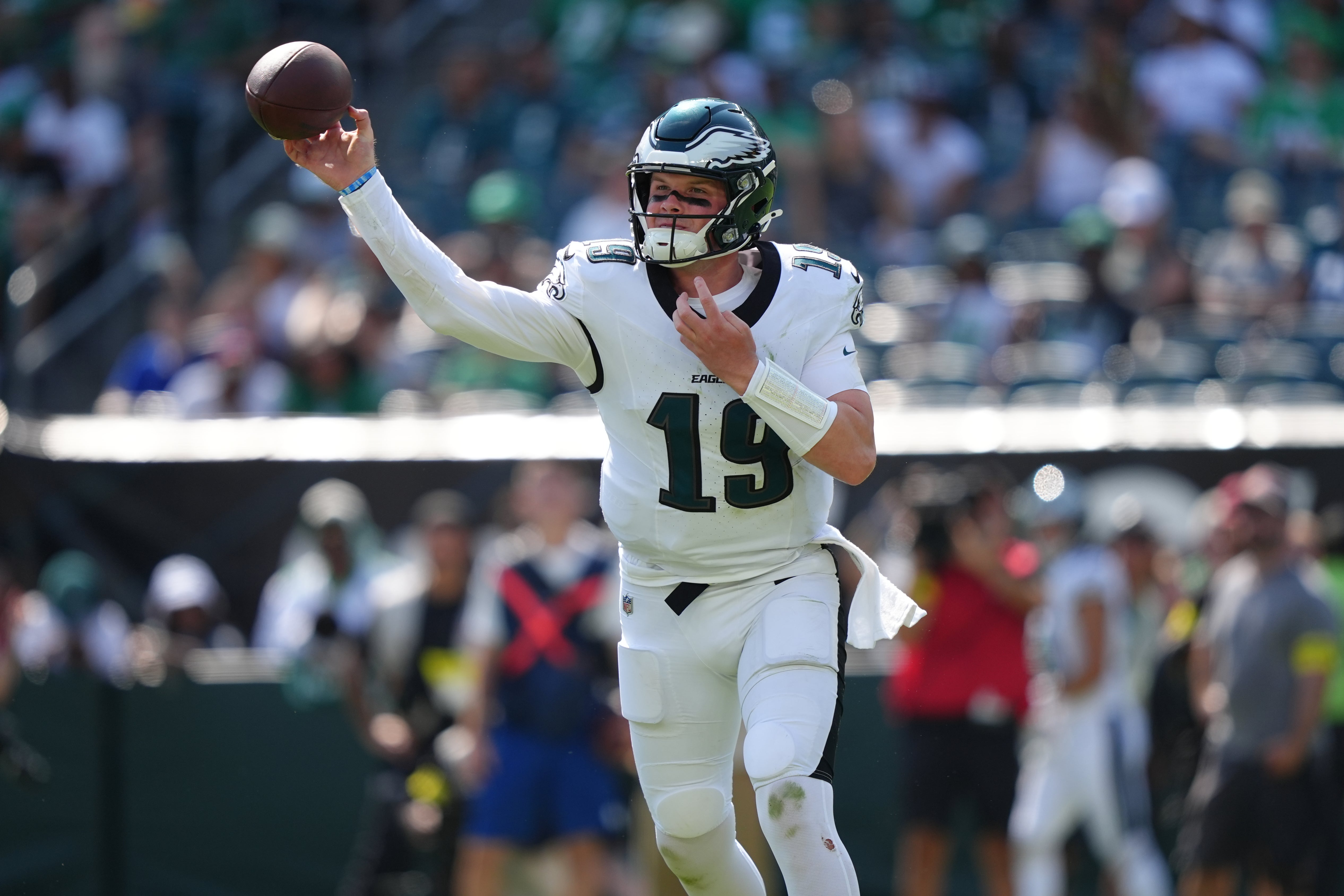 Philadelphia Eagles quarterback Kyle McCord (19) throws a pass against the Cleveland Browns in the second half at Lincoln Financial Field. Kyle Ross-Imagn Images