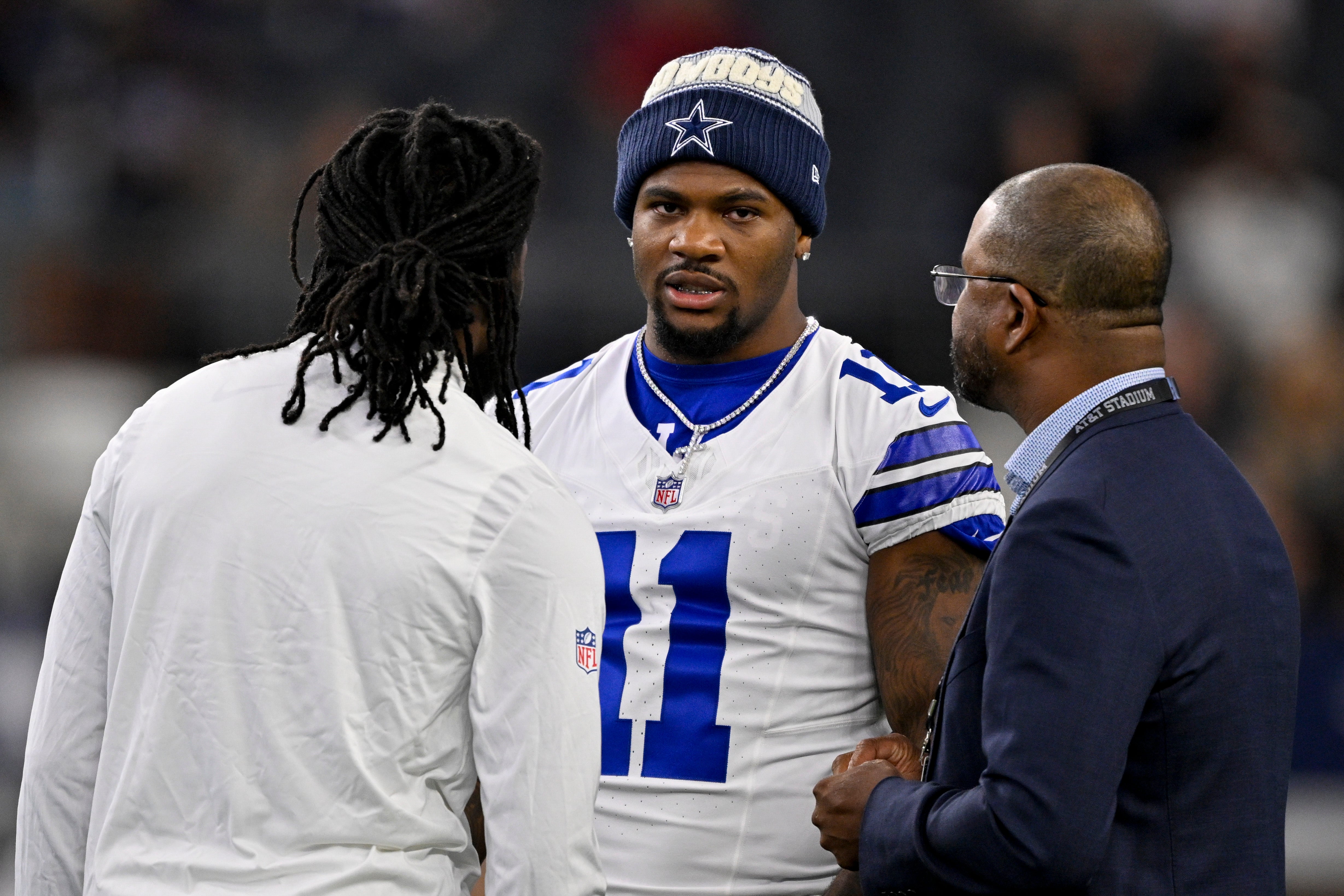 Dallas Cowboys defensive end Micah Parsons (11) looks on before the game against the Baltimore Ravens at AT&T Stadium.