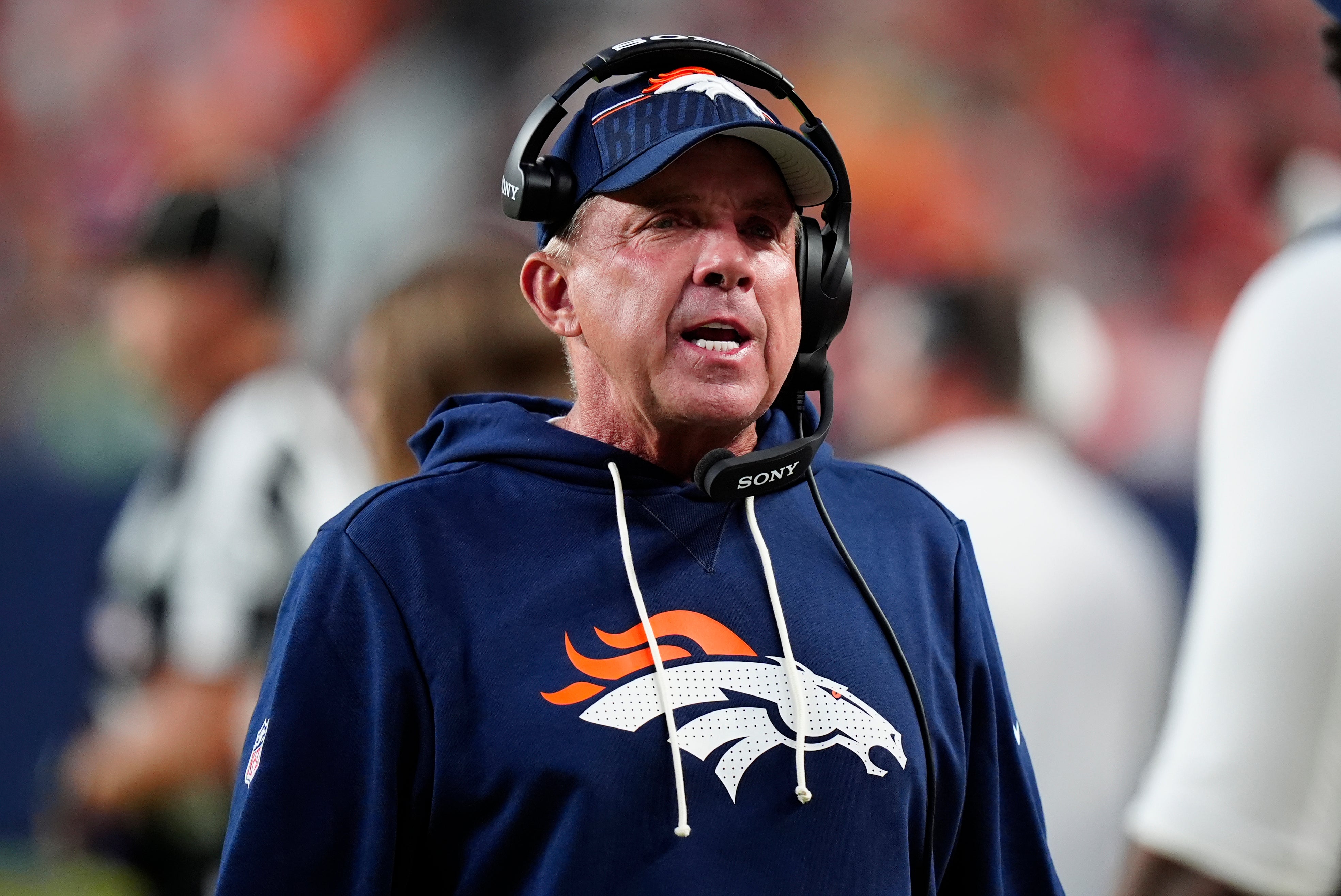 Aug 16, 2025; Denver, Colorado, USA; Denver Broncos head coach Sean Payton calls out during the first quarter against the Arizona Cardinals at Empower Field at Mile High.