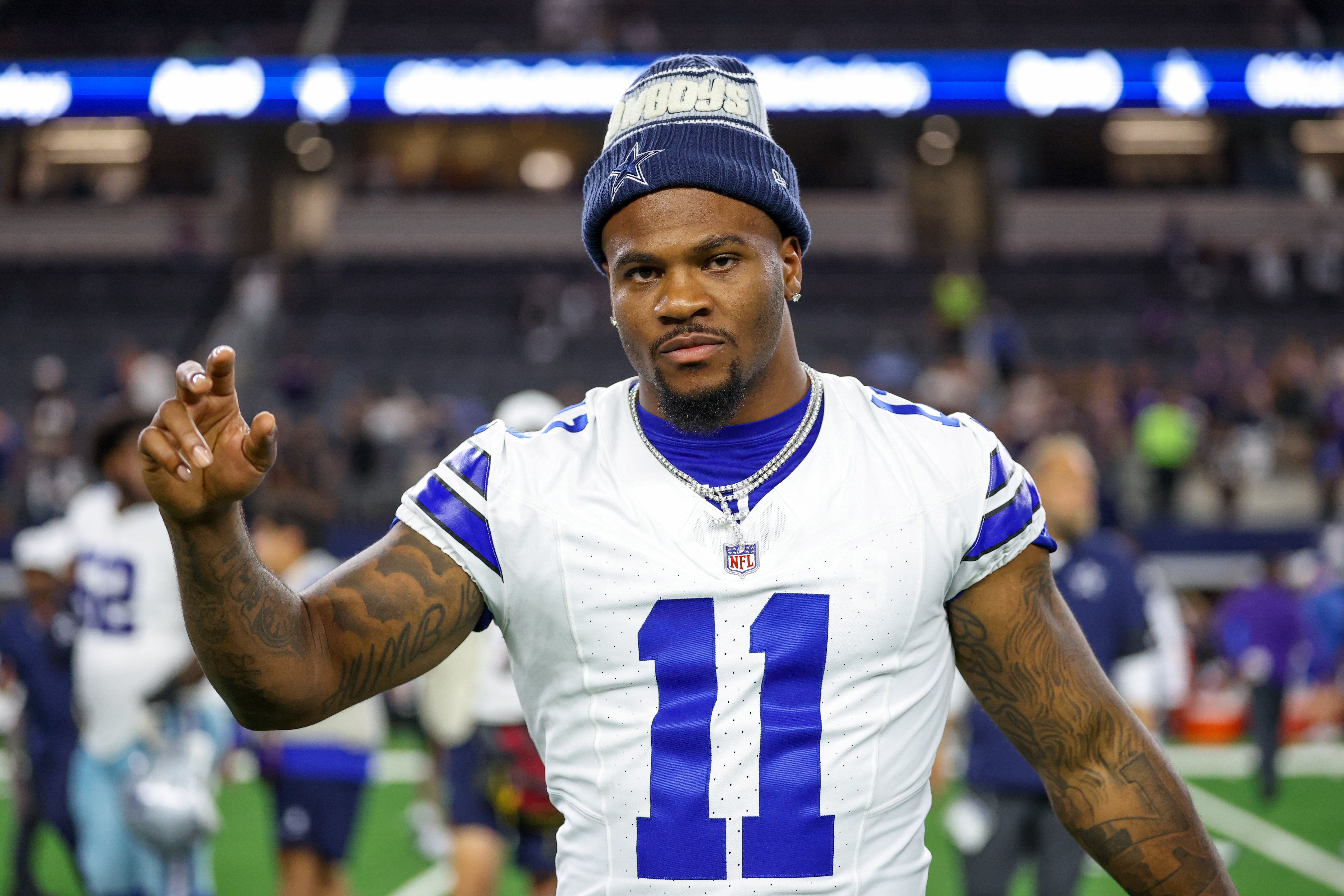 Aug 16, 2025; Arlington, Texas, USA; Dallas Cowboys defensive end Micah Parsons (11) reacts after the game against the Baltimore Ravens at AT&T Stadium.