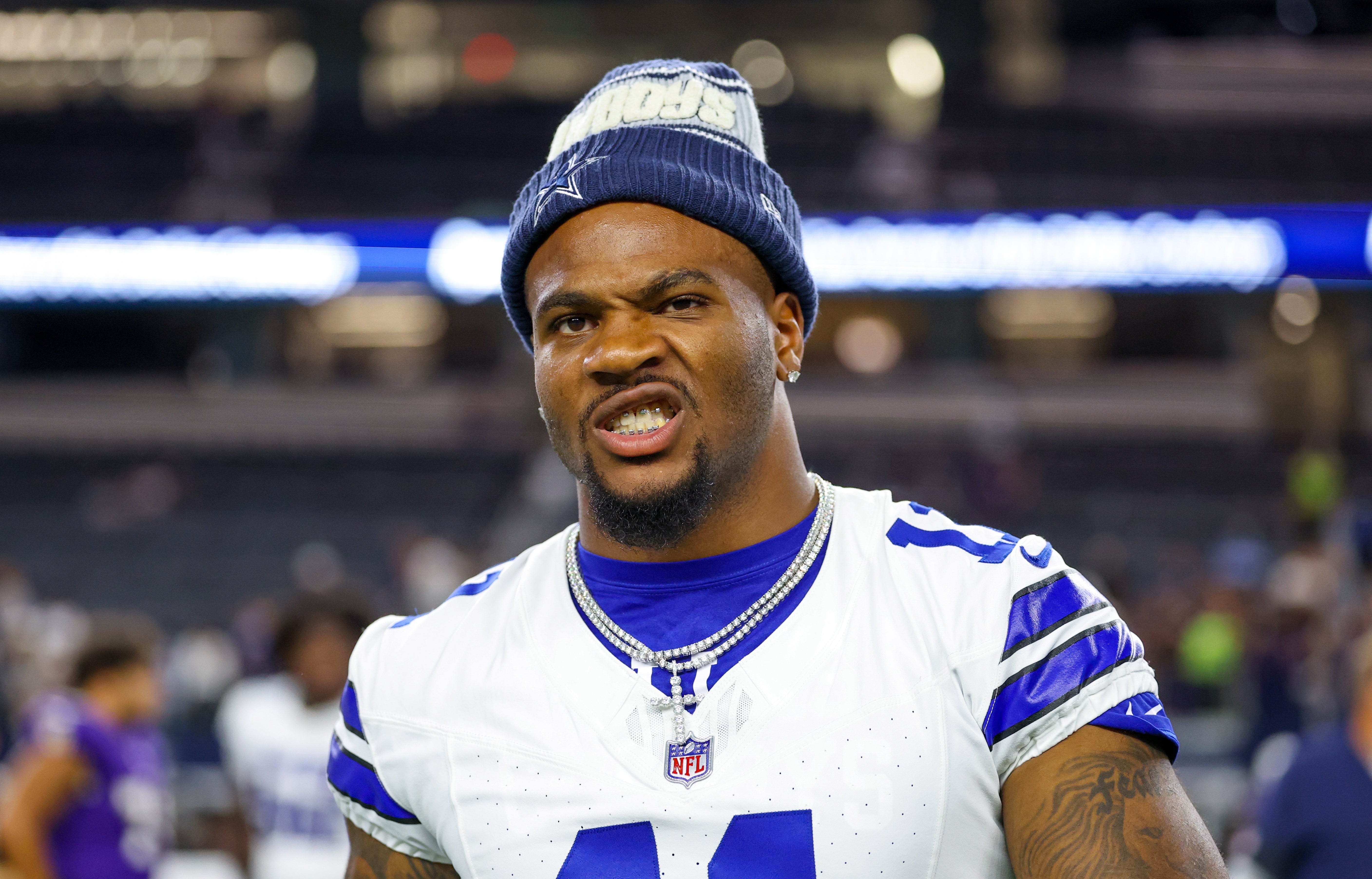 Aug 16, 2025; Arlington, Texas, USA; Dallas Cowboys defensive end Micah Parsons (11) reacts after the game against the Baltimore Ravens at AT&T Stadium.