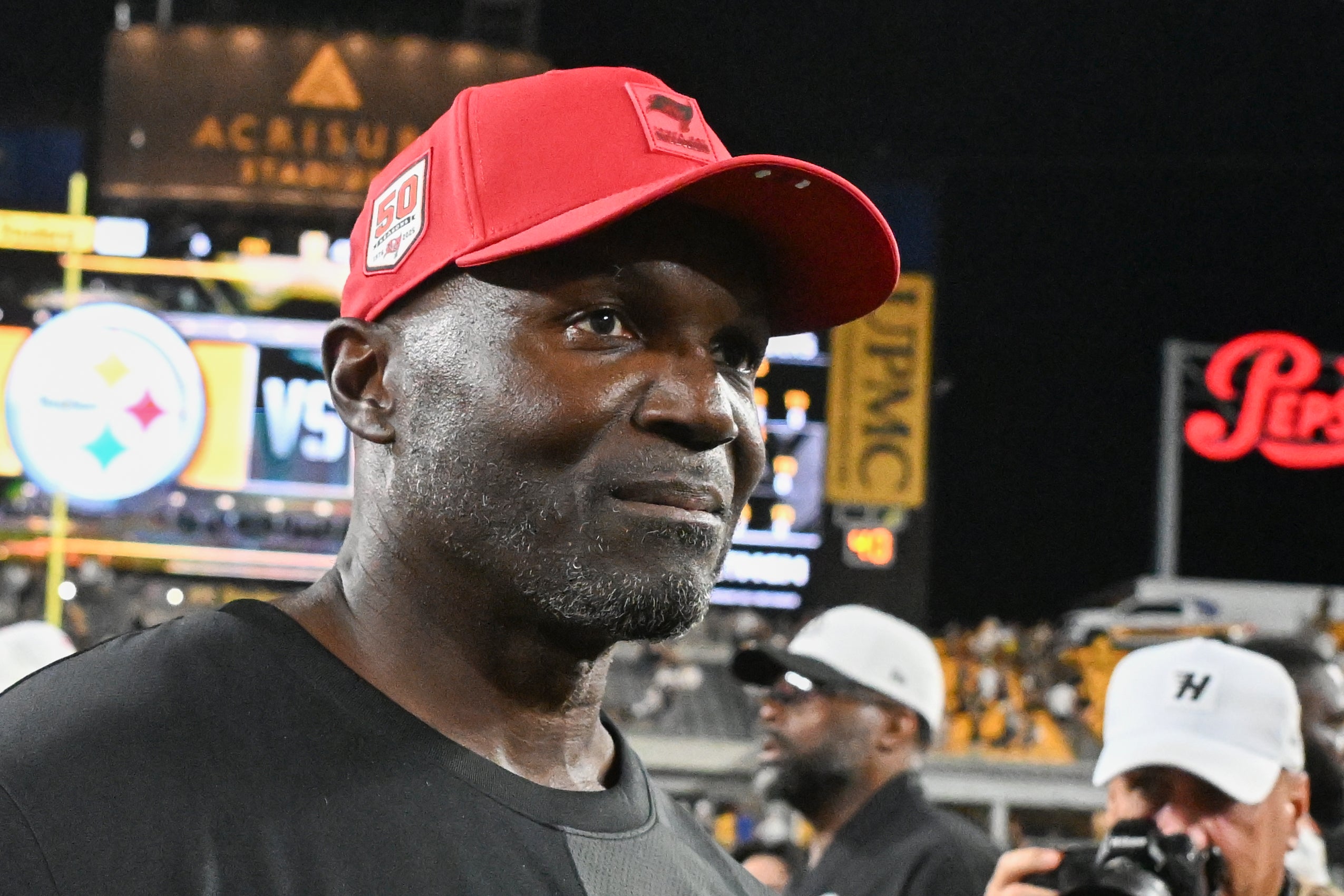 Aug 16, 2025; Pittsburgh, Pennsylvania, USA; Tampa Bay Buccaneers head coach Todd Bowles following a game against the Pittsburgh Steelers at Acrisure Stadium.