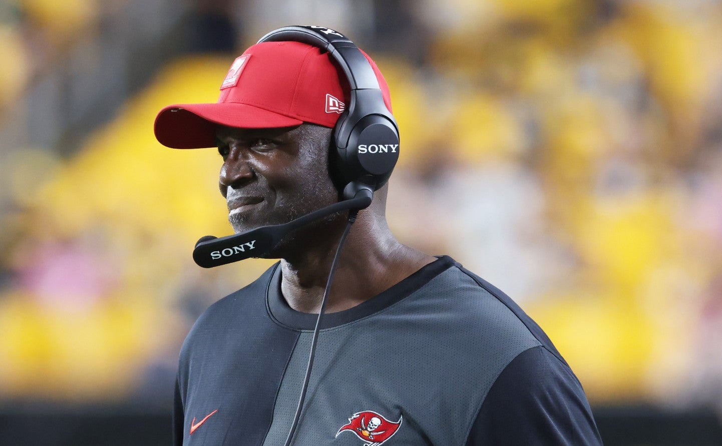 Aug 16, 2025; Pittsburgh, Pennsylvania, USA; Tampa Bay Buccaneers head coach Todd Bowles looks on from the sidelines against the Pittsburgh Steelers during the fourth quarter at Acrisure Stadium.