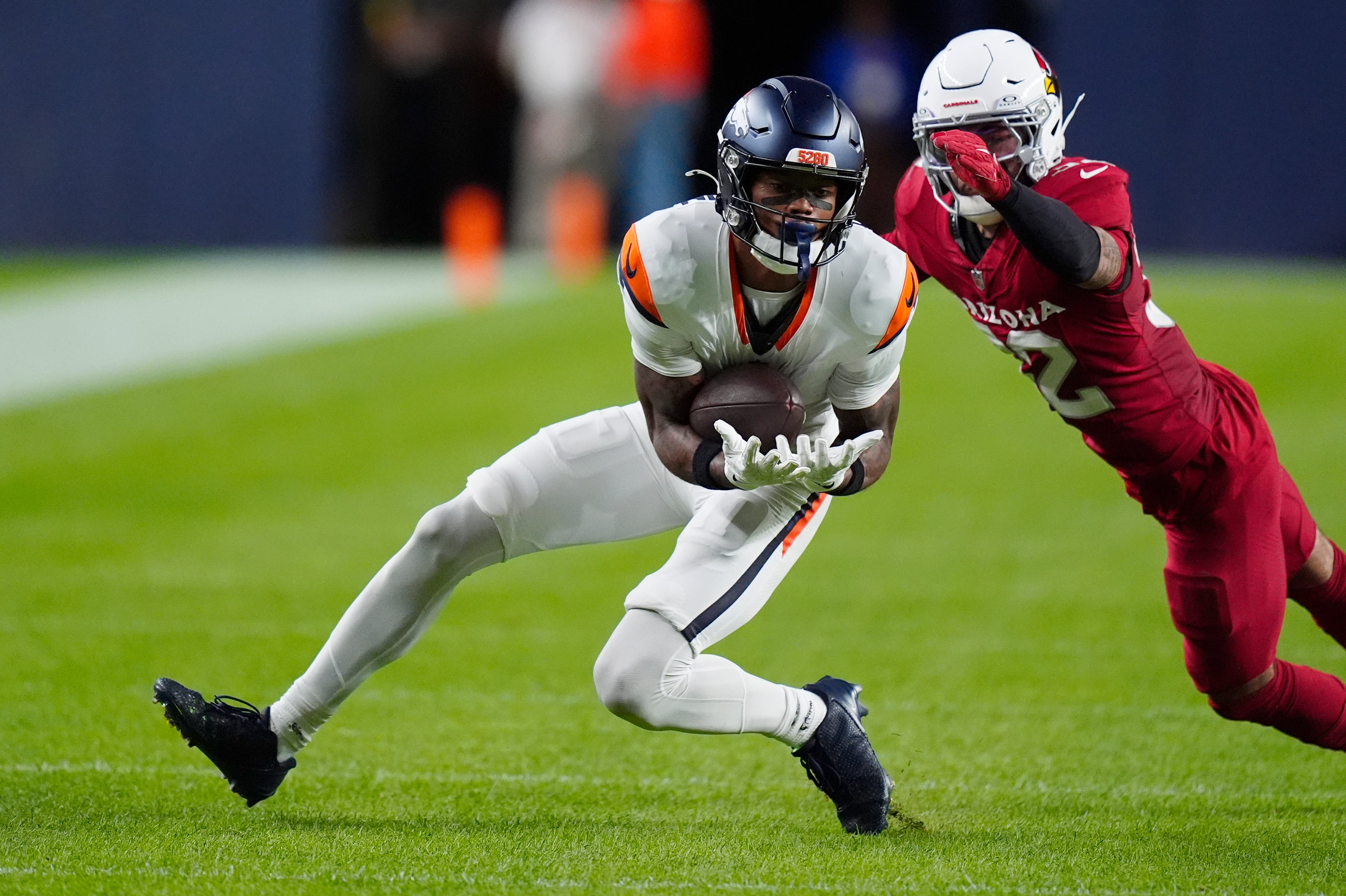Denver Broncos WR Troy Franklin makes a catch against the Arizona Cardinals