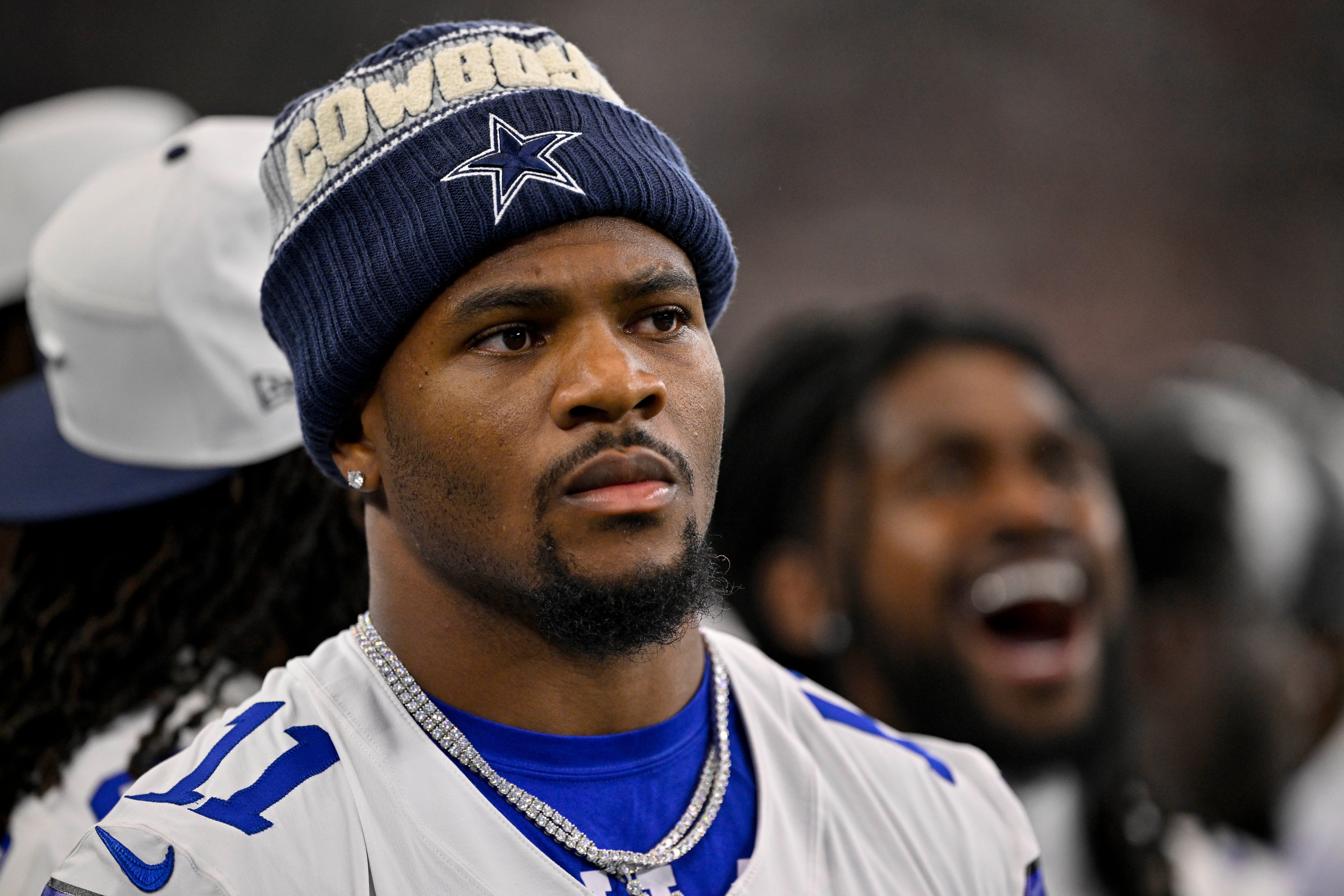 Dallas Cowboys defensive end Micah Parsons (11) looks on before the game between the Dallas Cowboys and the Baltimore Ravens at AT&T Stadium.