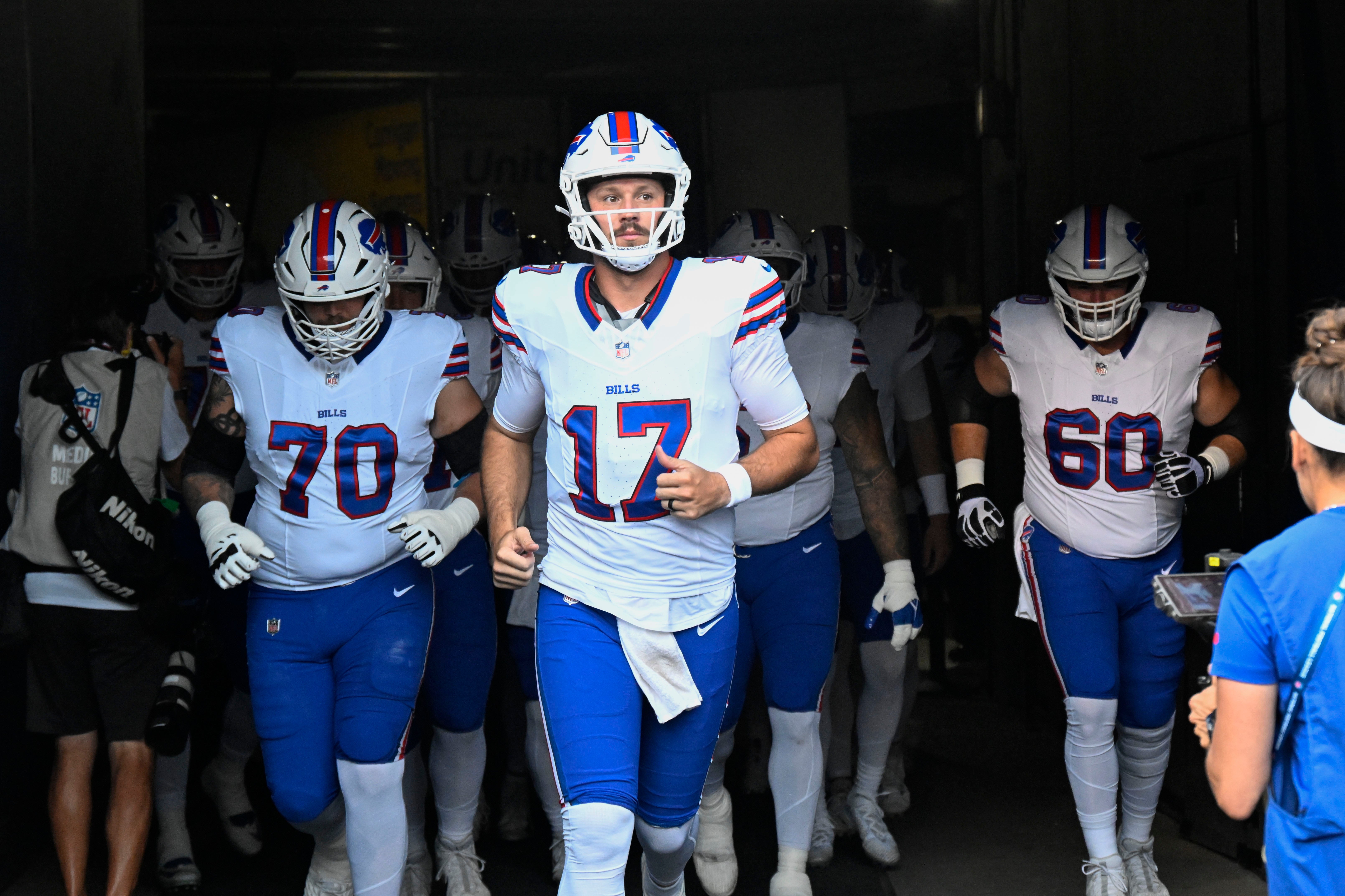 Buffalo Bills QB Josh Allen leads the team out of the tunnel