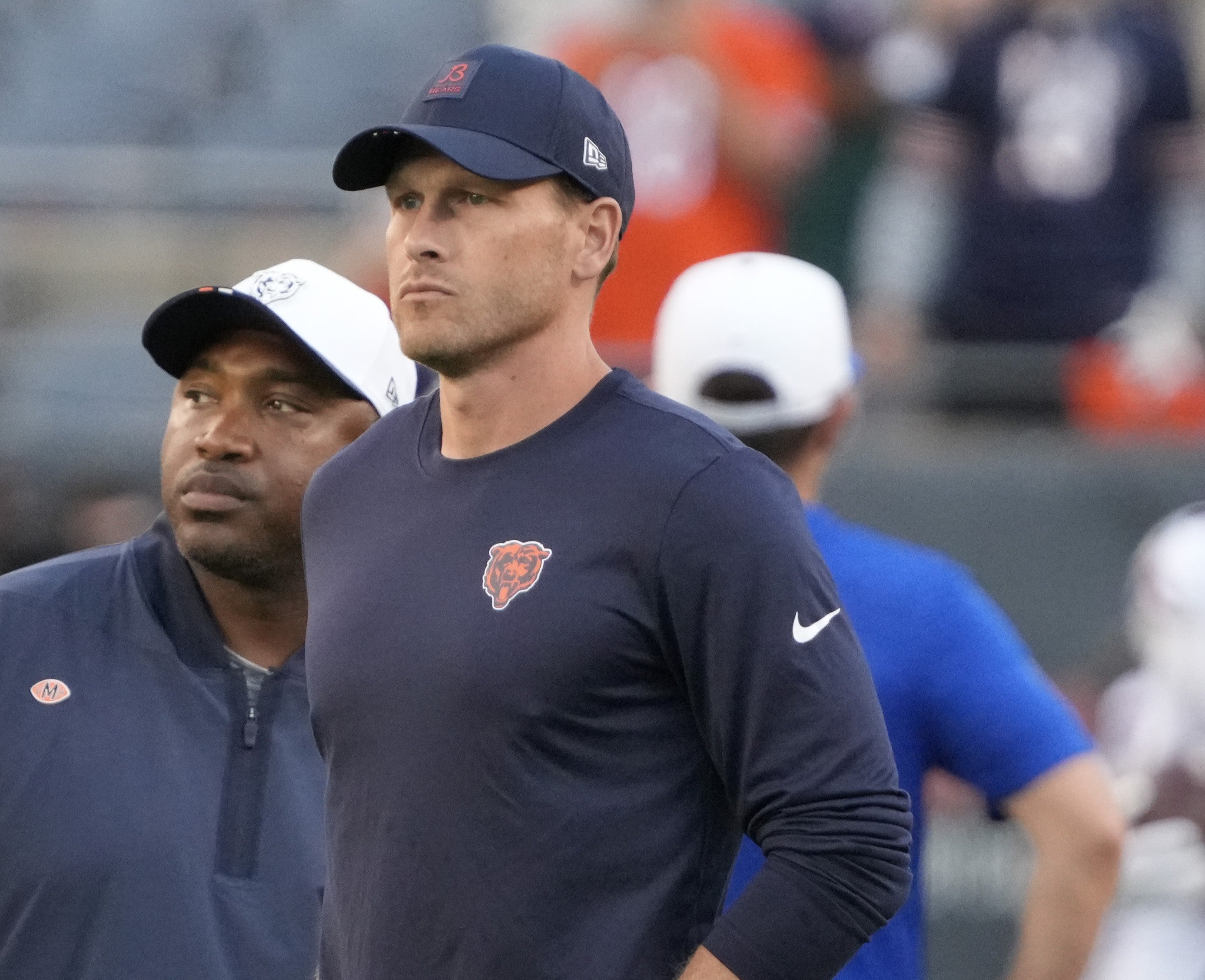 Aug 17, 2025; Chicago, Illinois, USA; Chicago Bears head coach Ben Johnson on the field before a game against the Buffalo Bills at Soldier Field.