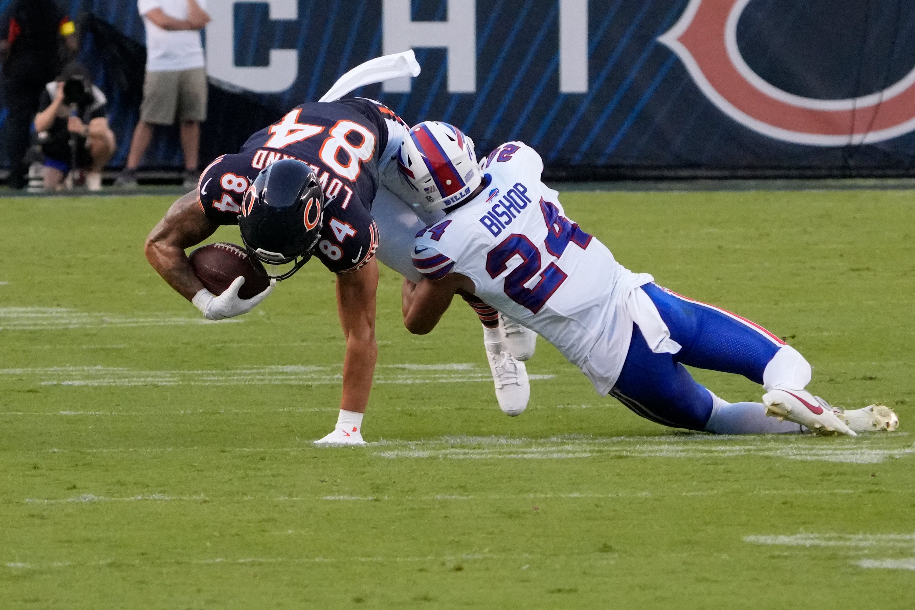 Buffalo Bills S Cole Bishop completes a tackle during preseason blowout loss against Chicago Bears in Week 2 of NFL preseason