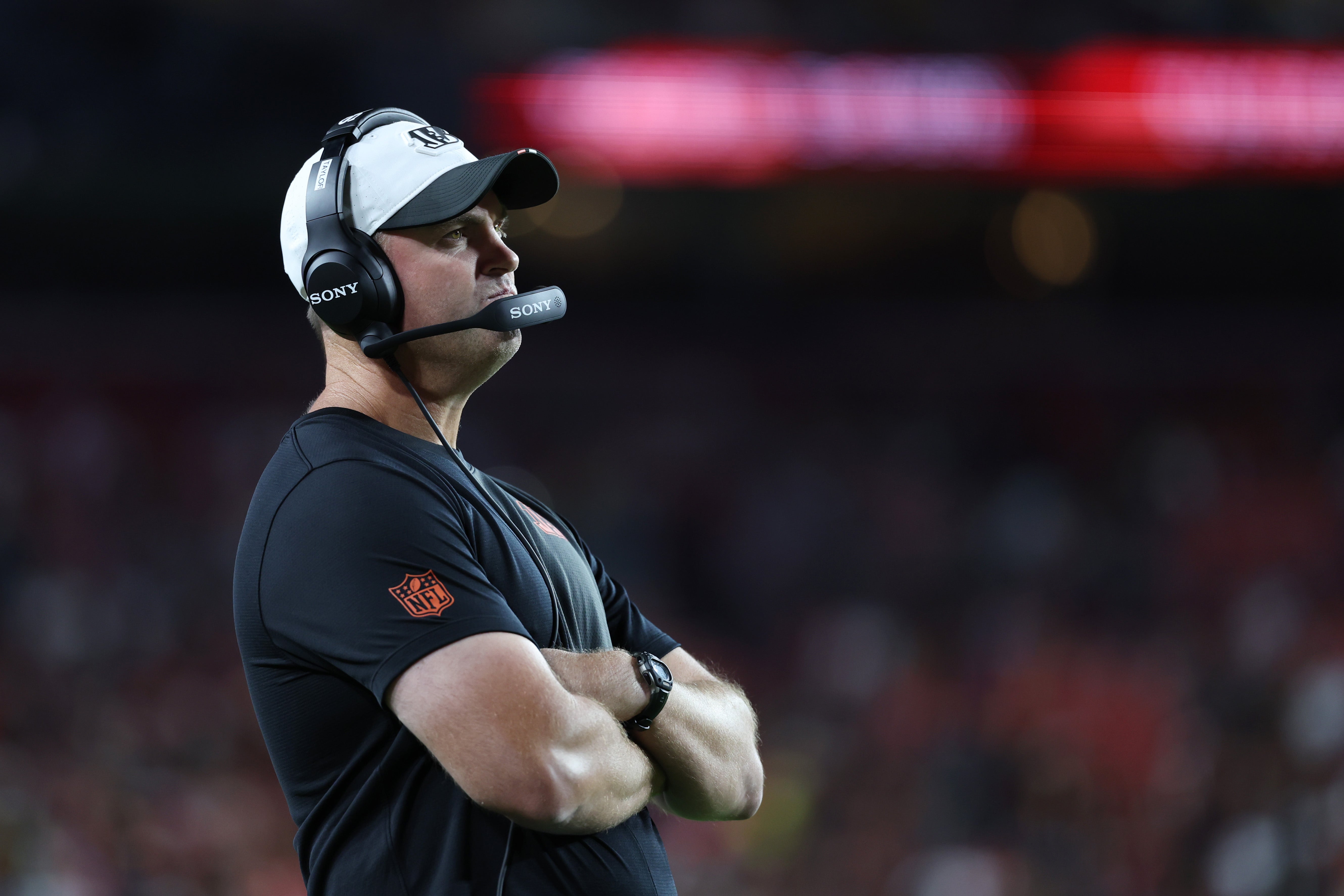 Aug 18, 2025; Landover, Maryland, USA; Cincinnati Bengals head coach Zac Taylor looks on from the sidelines against the Washington Commanders during the first half at Northwest Stadium.