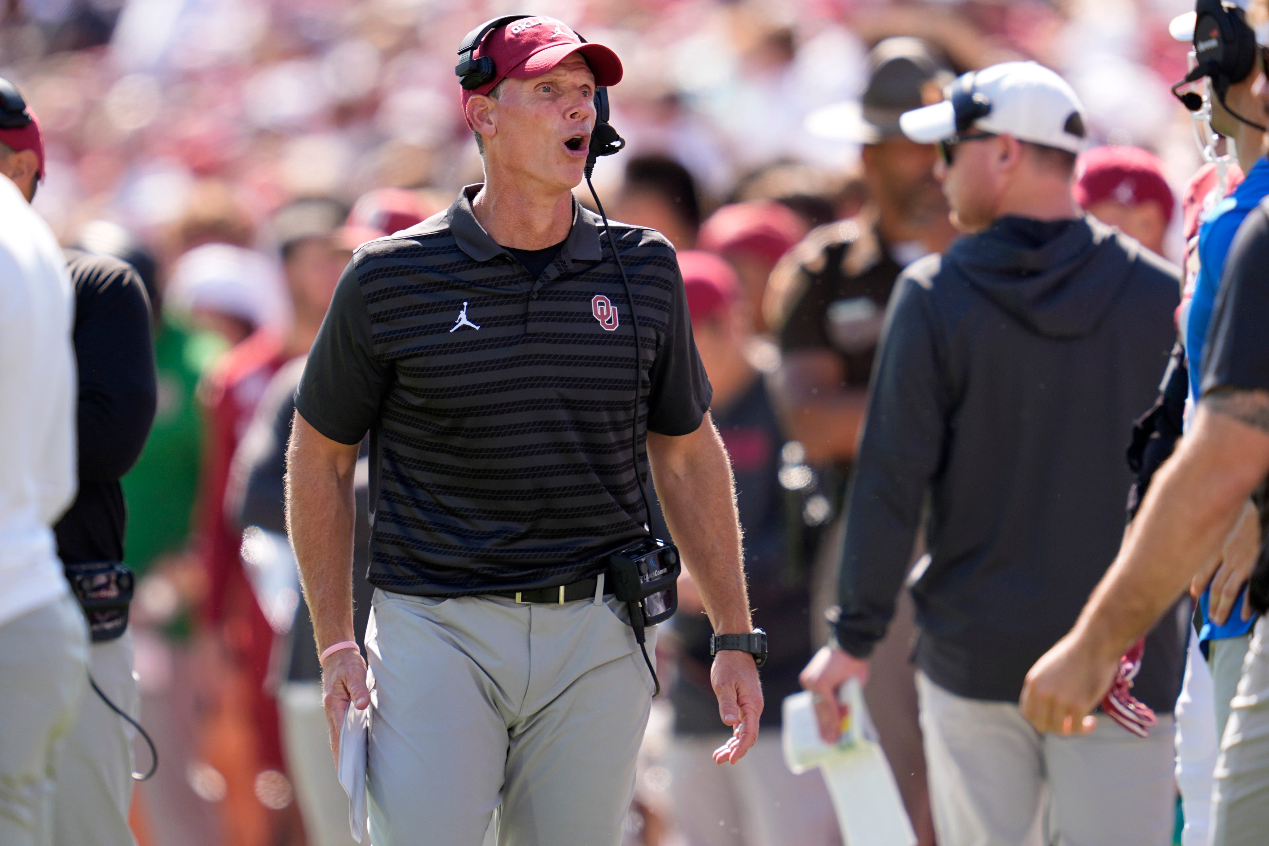 Oklahoma coach Brent Venables shouts during a college football game between the University of Oklahoma Sooners (OU) and the South Carolina Gamecocks at Gaylord Family - Oklahoma Memorial Stadium in Norman, Okla., Saturday, Oct. 19, 2024.
