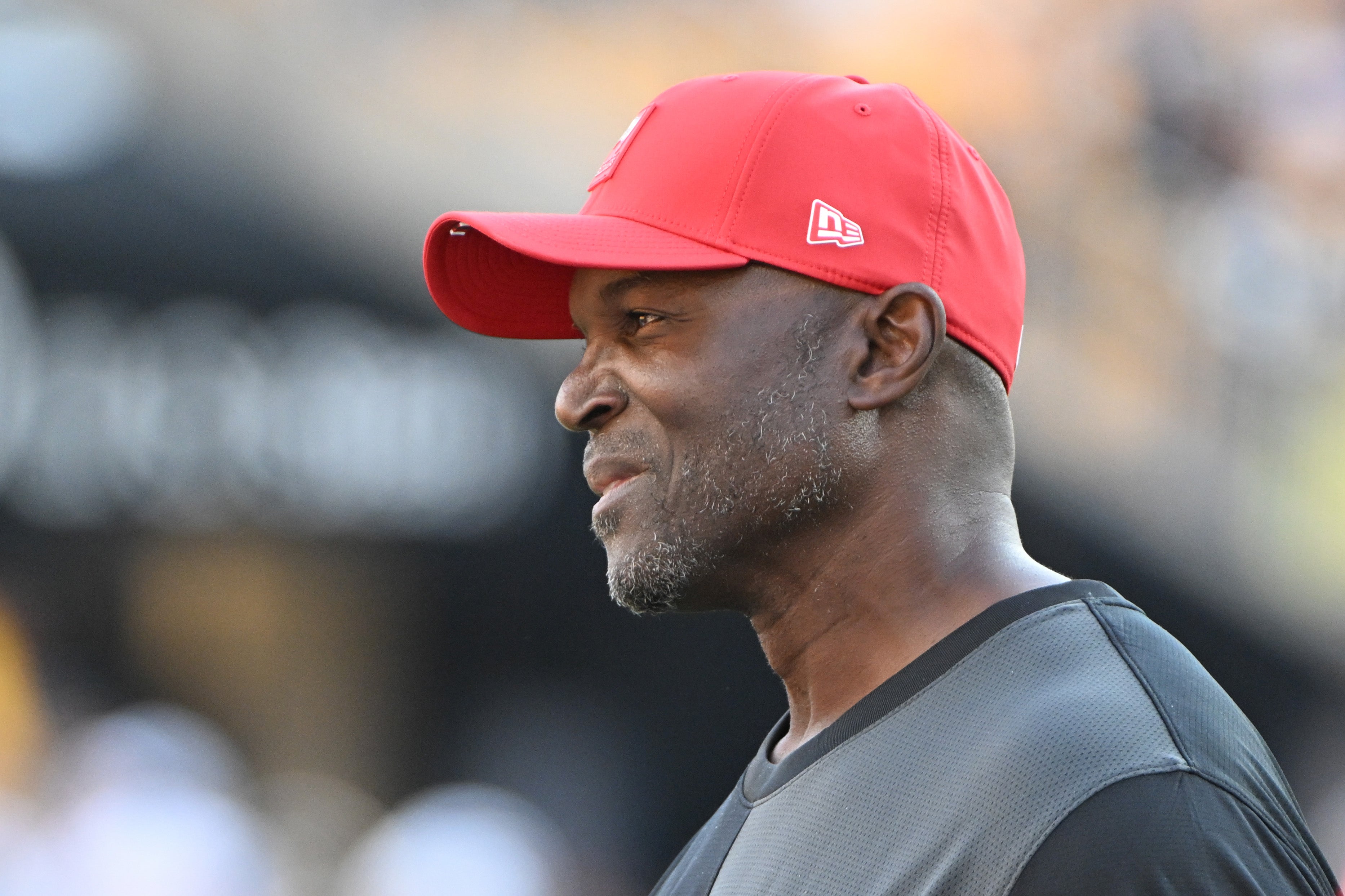 Aug 16, 2025; Pittsburgh, Pennsylvania, USA; Tampa Bay Buccaneers head coach Todd Bowles watches warm ups against the Pittsburgh Steelers at Acrisure Stadium.