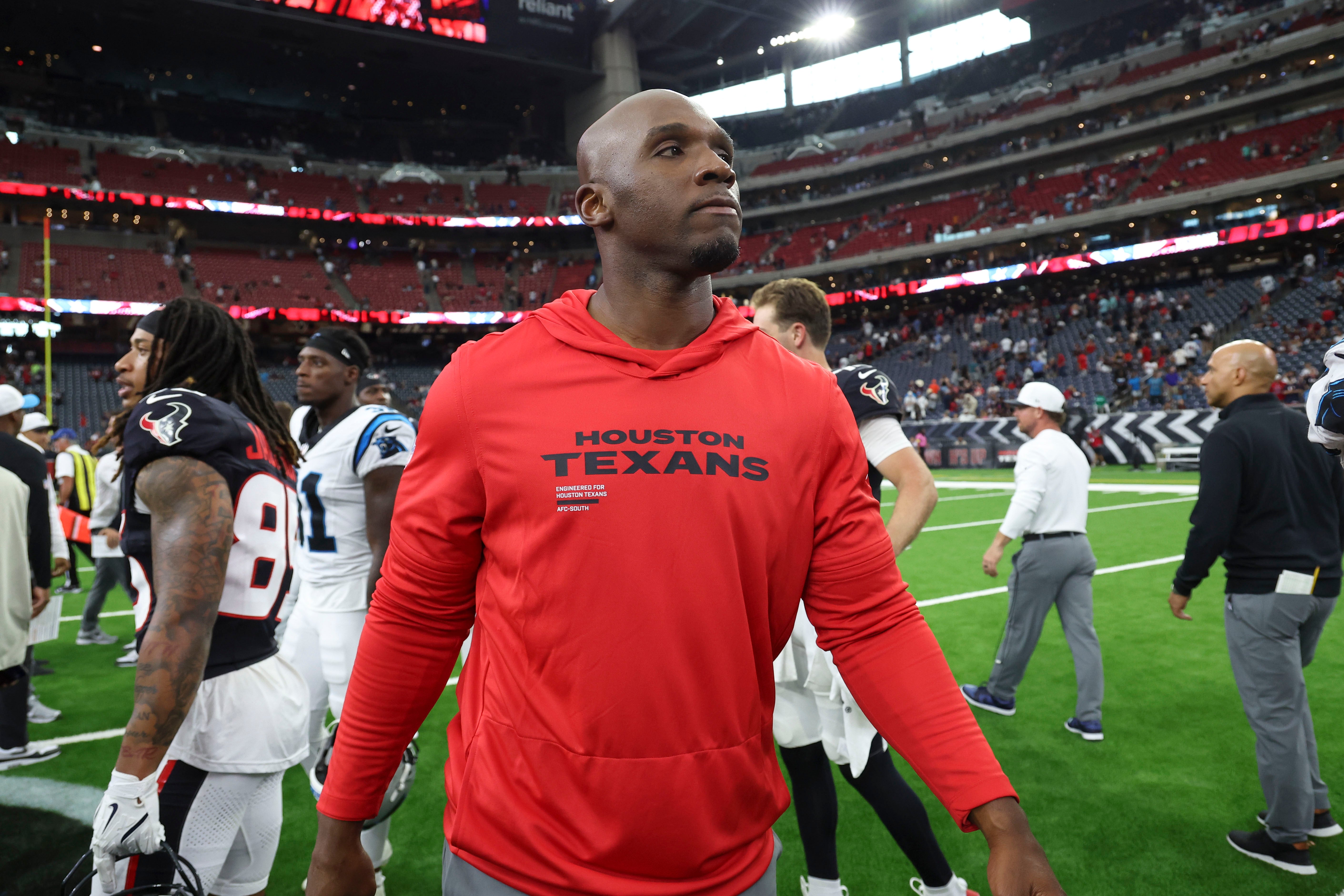 Aug 16, 2025; Houston, Texas, USA; Houston Texans head coach DeMeco Ryans walks on the field after the game against the Carolina Panthers at NRG Stadium.