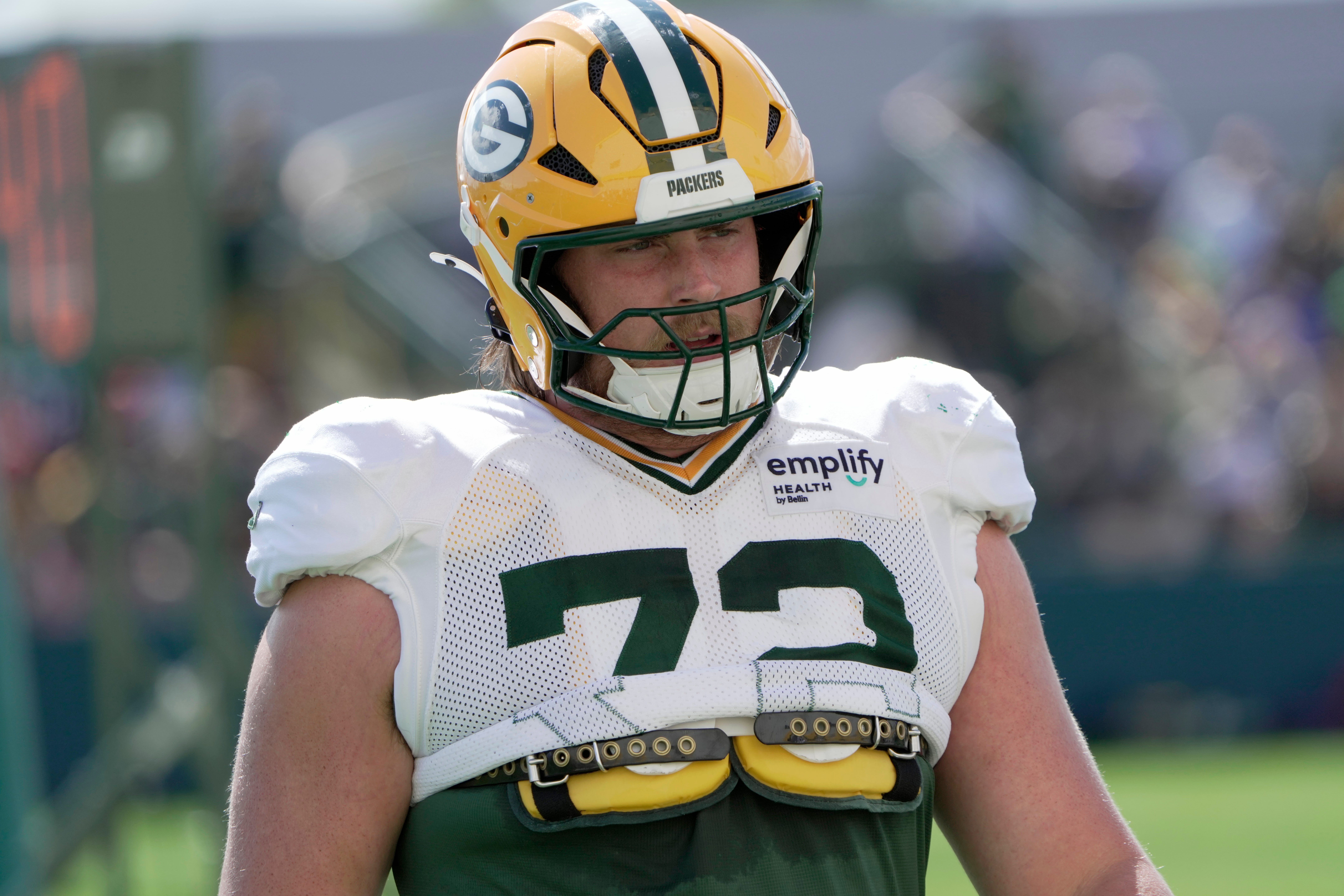 Green Bay Packers offensive tackle Brant Banks (72) is shown during a joint practice with the Seattle Seahawks Thursday, August 21, 2025 in Green Bay, Wisconsin.