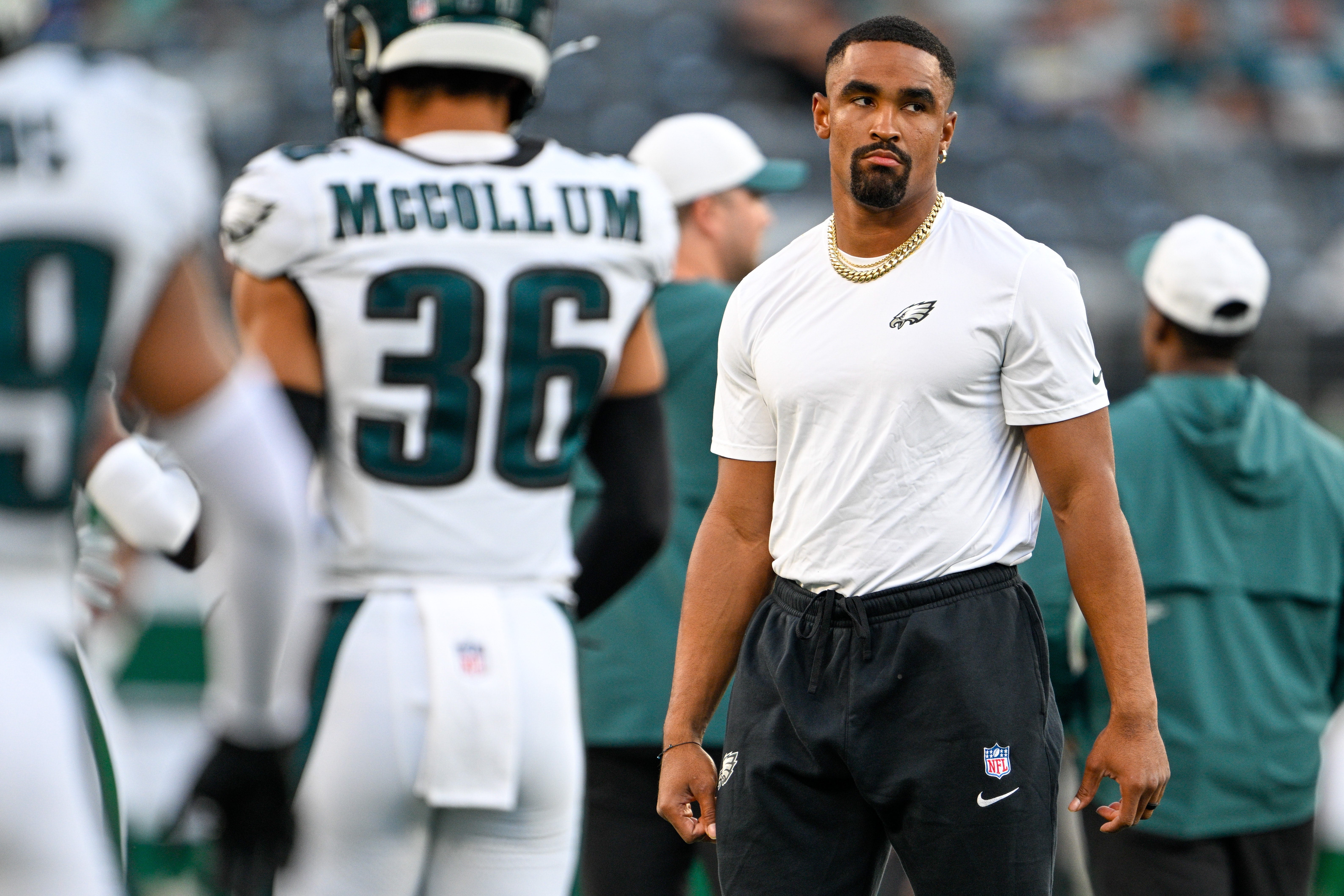 Philadelphia Eagles quarterback Jalen Hurts (1) looks on before the game against the New York Jets at MetLife Stadium.
