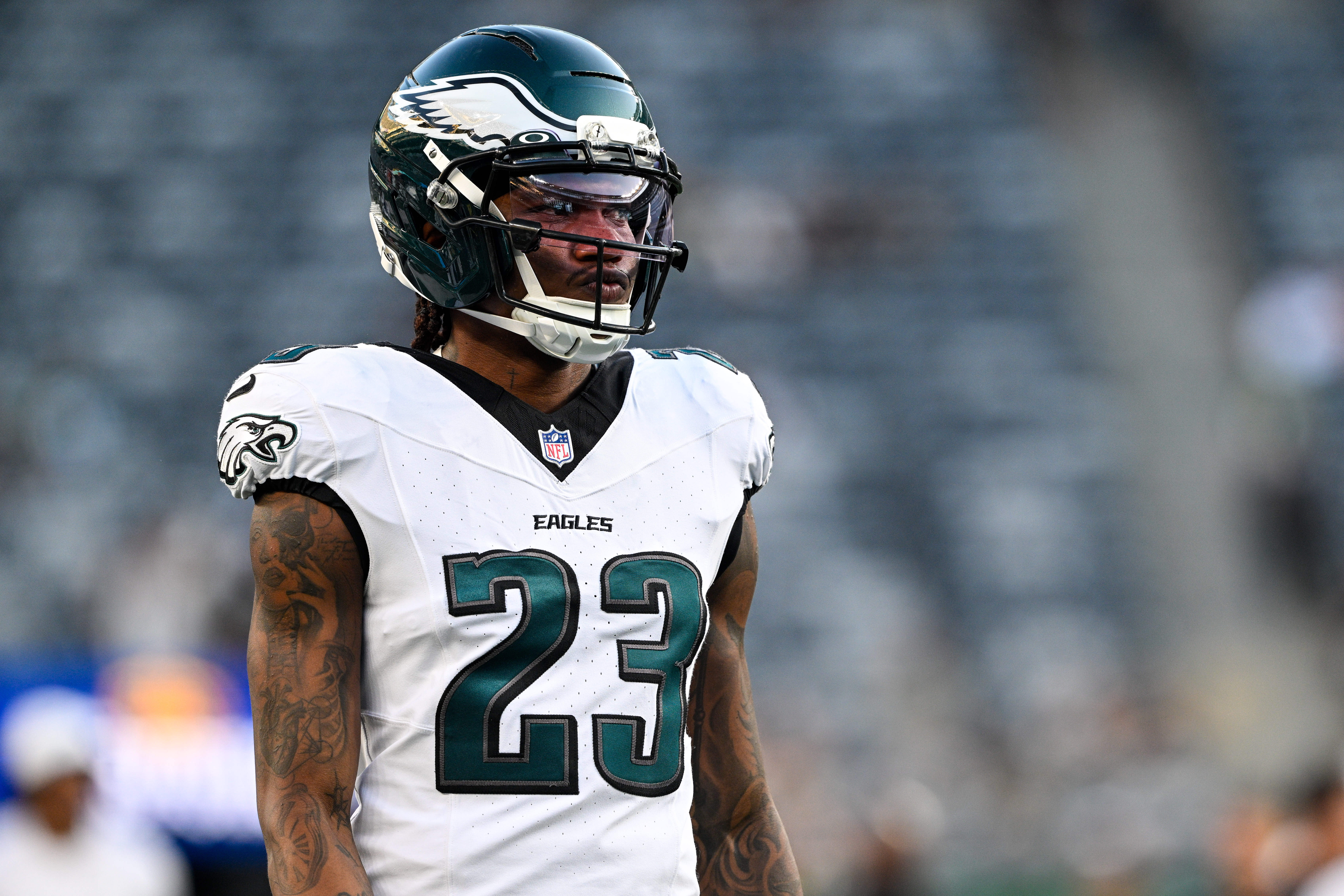 Philadelphia Eagles cornerback Eli Ricks (23) warms up before the game against the New York Jets at MetLife Stadium. Mark Smith-Imagn Images
