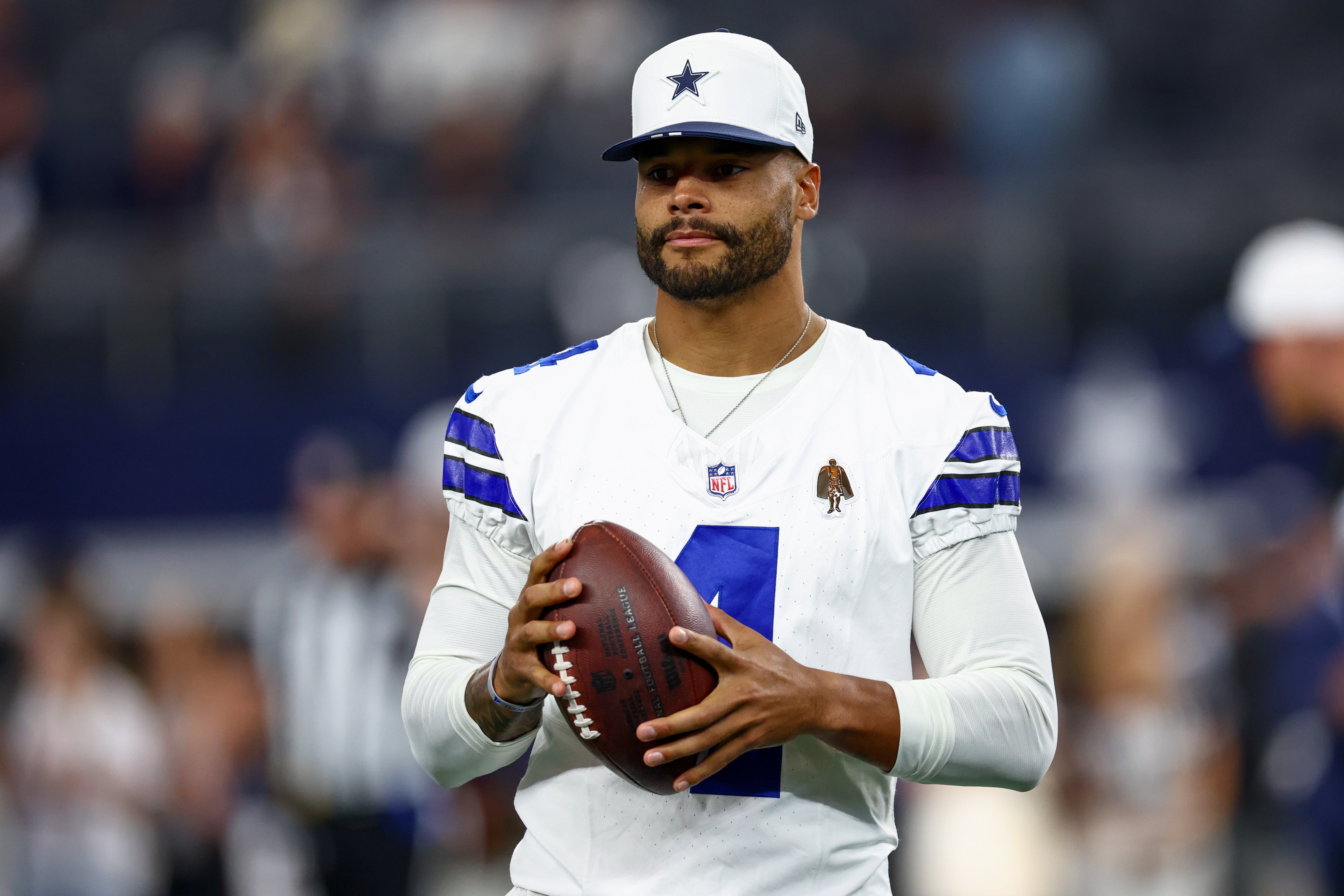 Dallas Cowboys quarterback Dak Prescott (4) before the game against the Atlanta Falcons at AT&T Stadium.