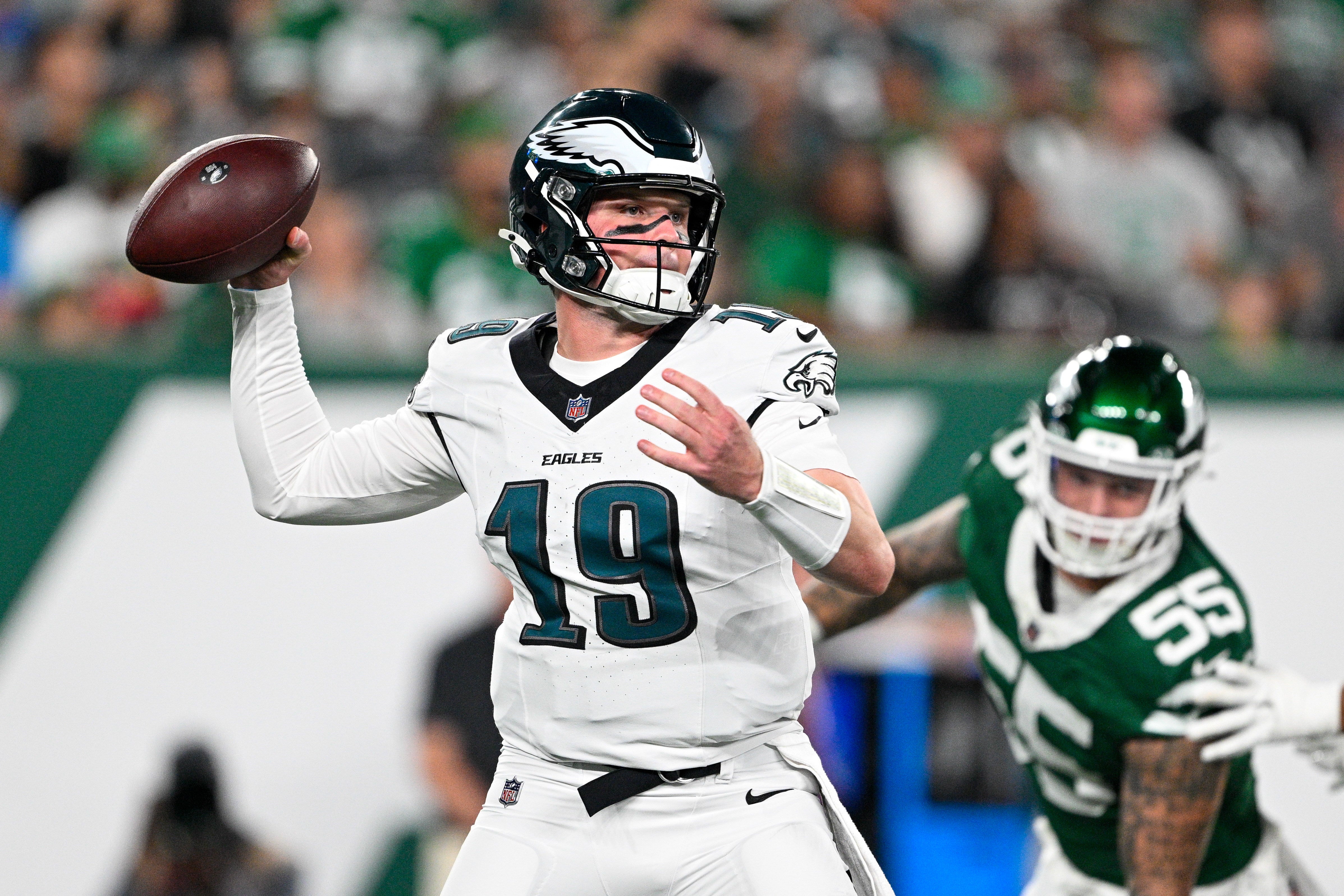Philadelphia Eagles quarterback Kyle McCord (19) looks to pass the ball during the first quarter against the New York Jets at MetLife Stadium.