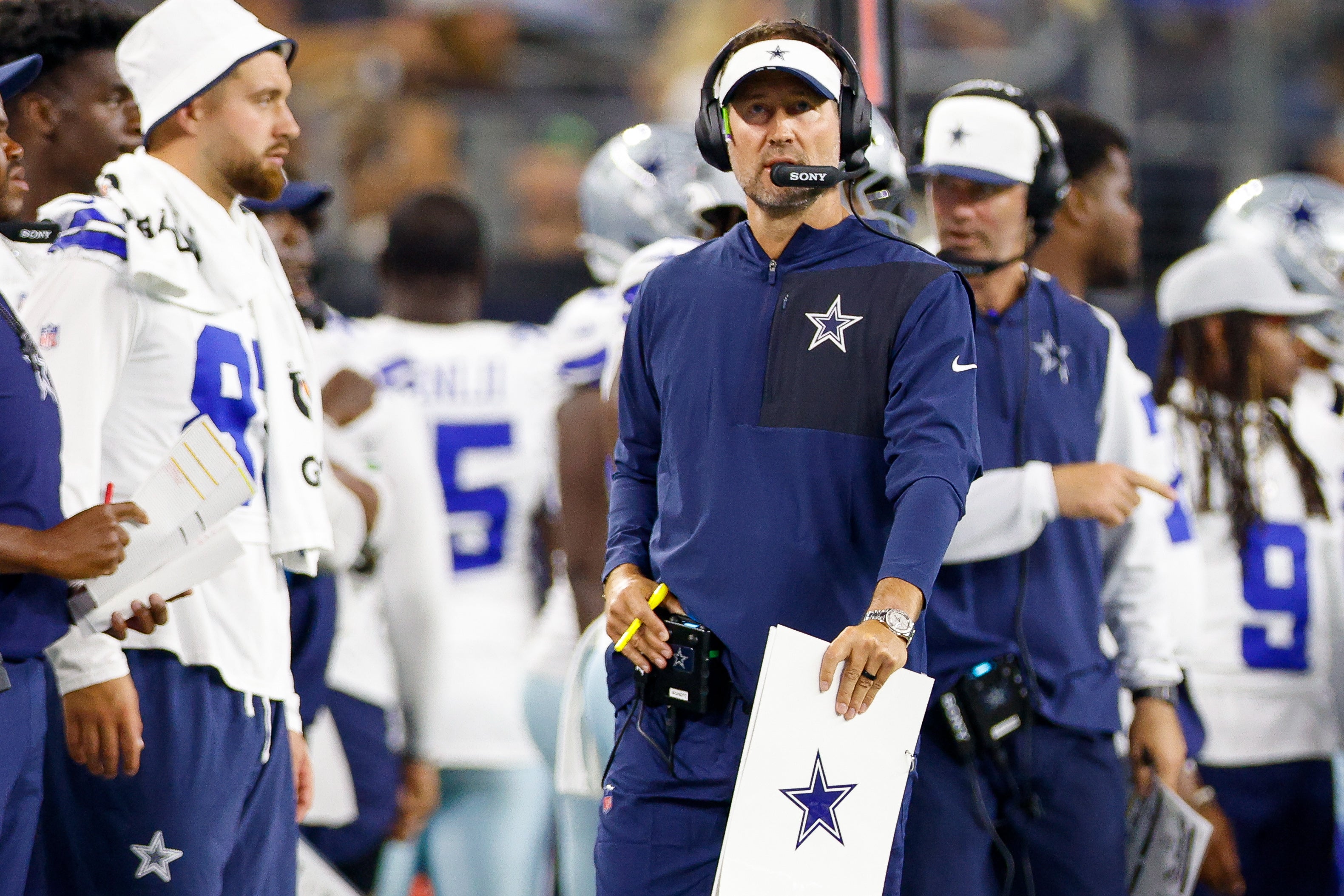 Dallas Cowboys head coach Brian Schottenheimer looks on during the second quarter against the Atlanta Falcons at AT&T Stadium.