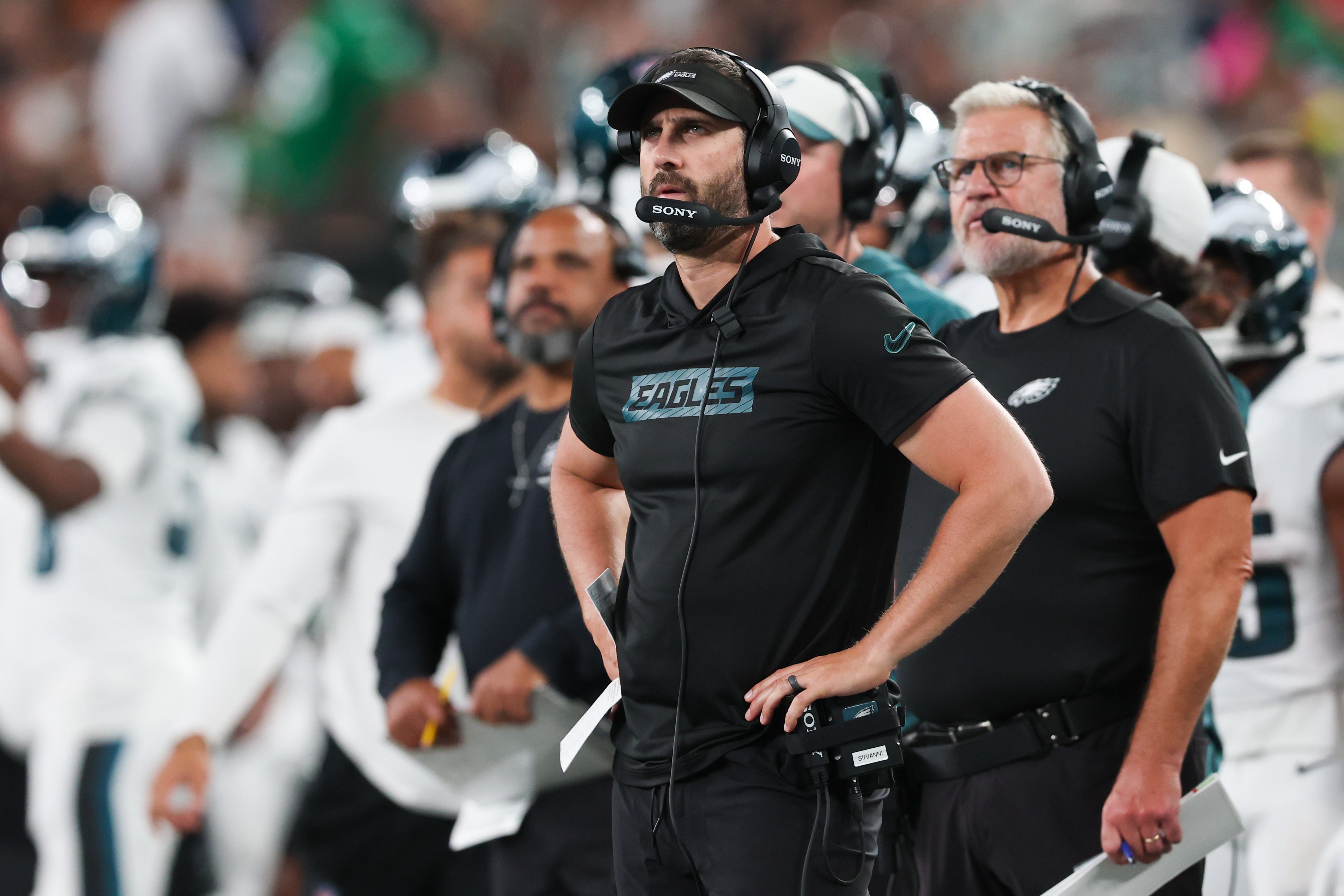 Philadelphia Eagles head coach Nick Sirianni looks on during the second half against the New York Jets at MetLife Stadium. Vincent Carchietta-Imagn Images